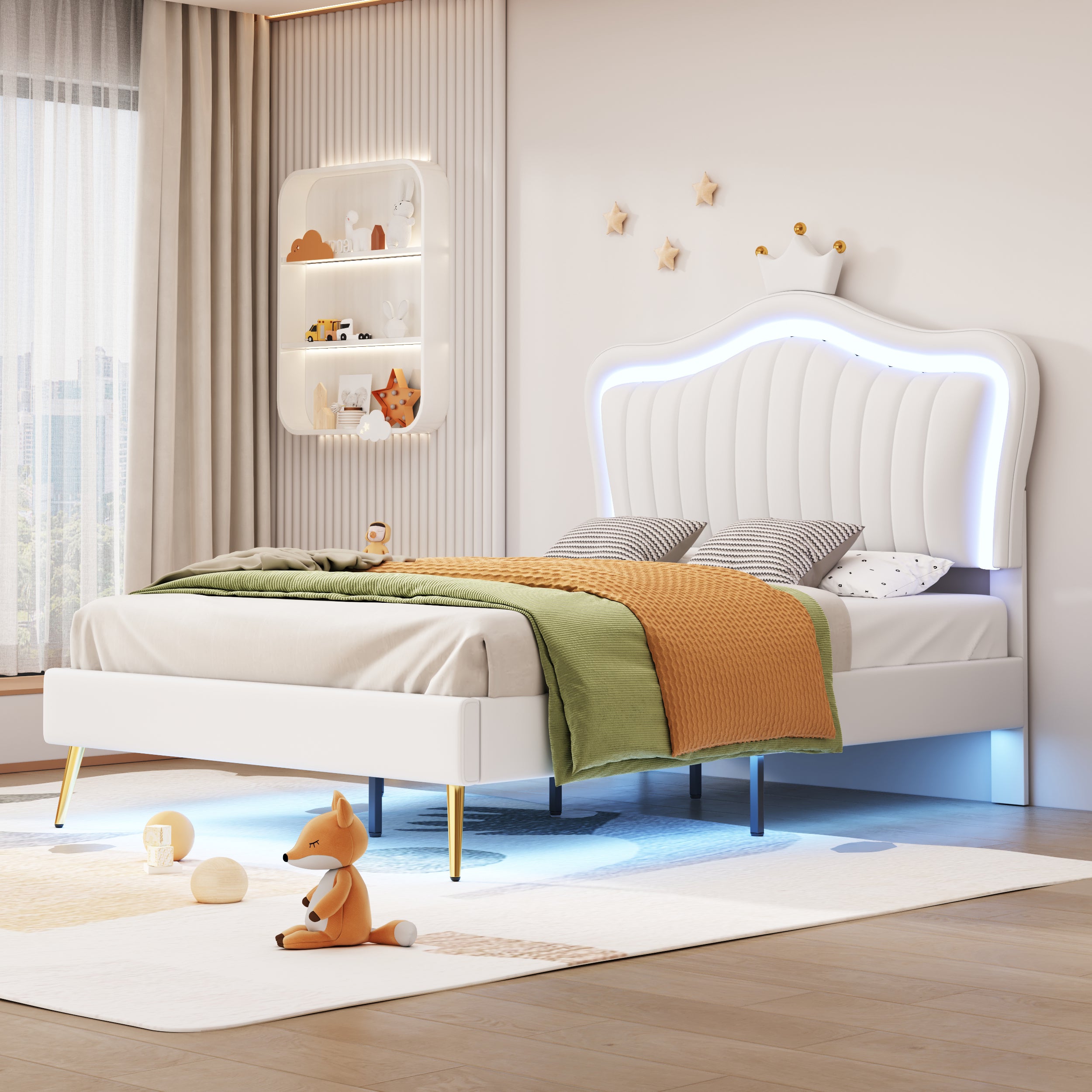 Children's Bed Upholstered, 90x200cm Crown Double Bed Frame with LED Lights, White PU Leather