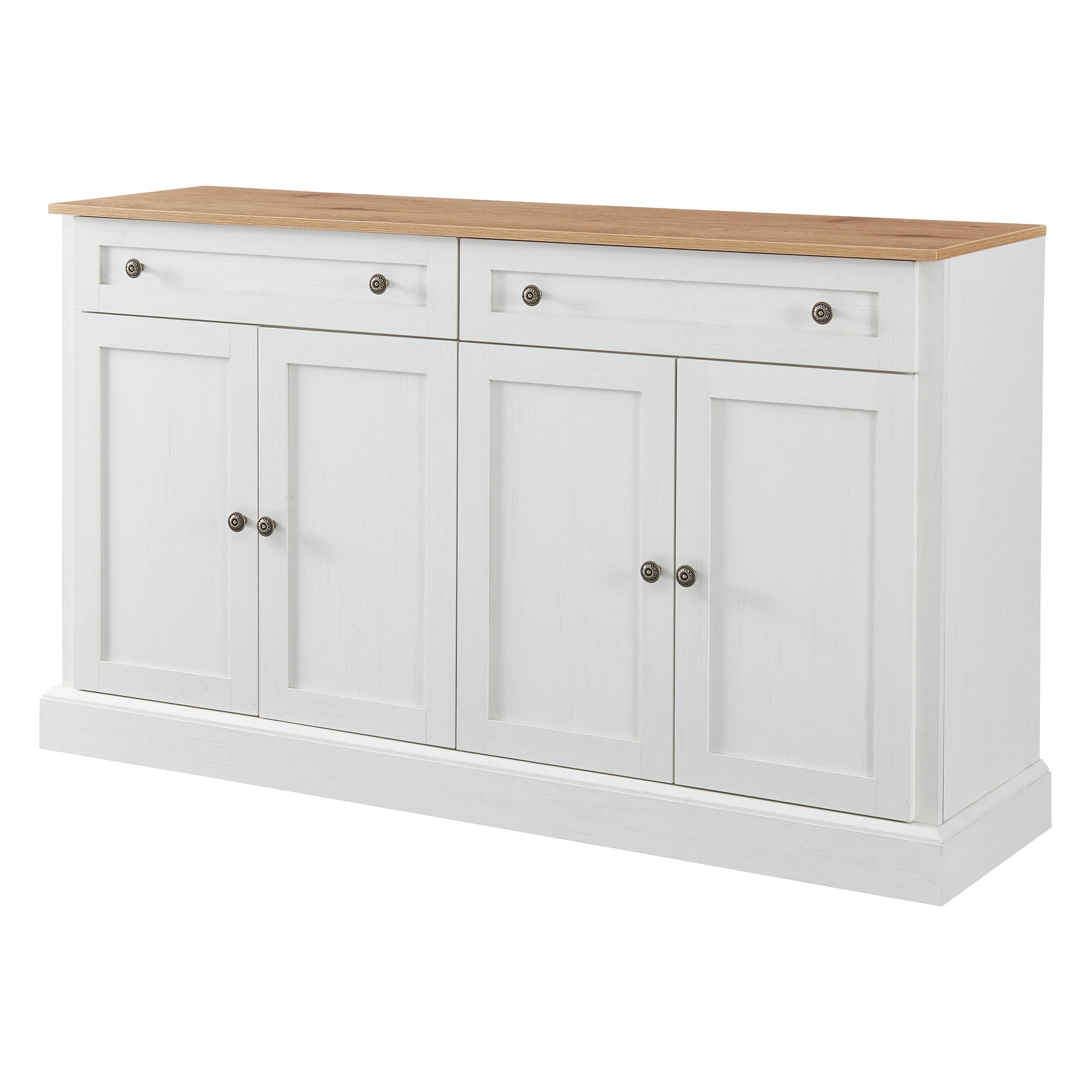 Sideboard, 4 Doors 2 Drawers, Modern Buffet, Antique White + Natural Wood