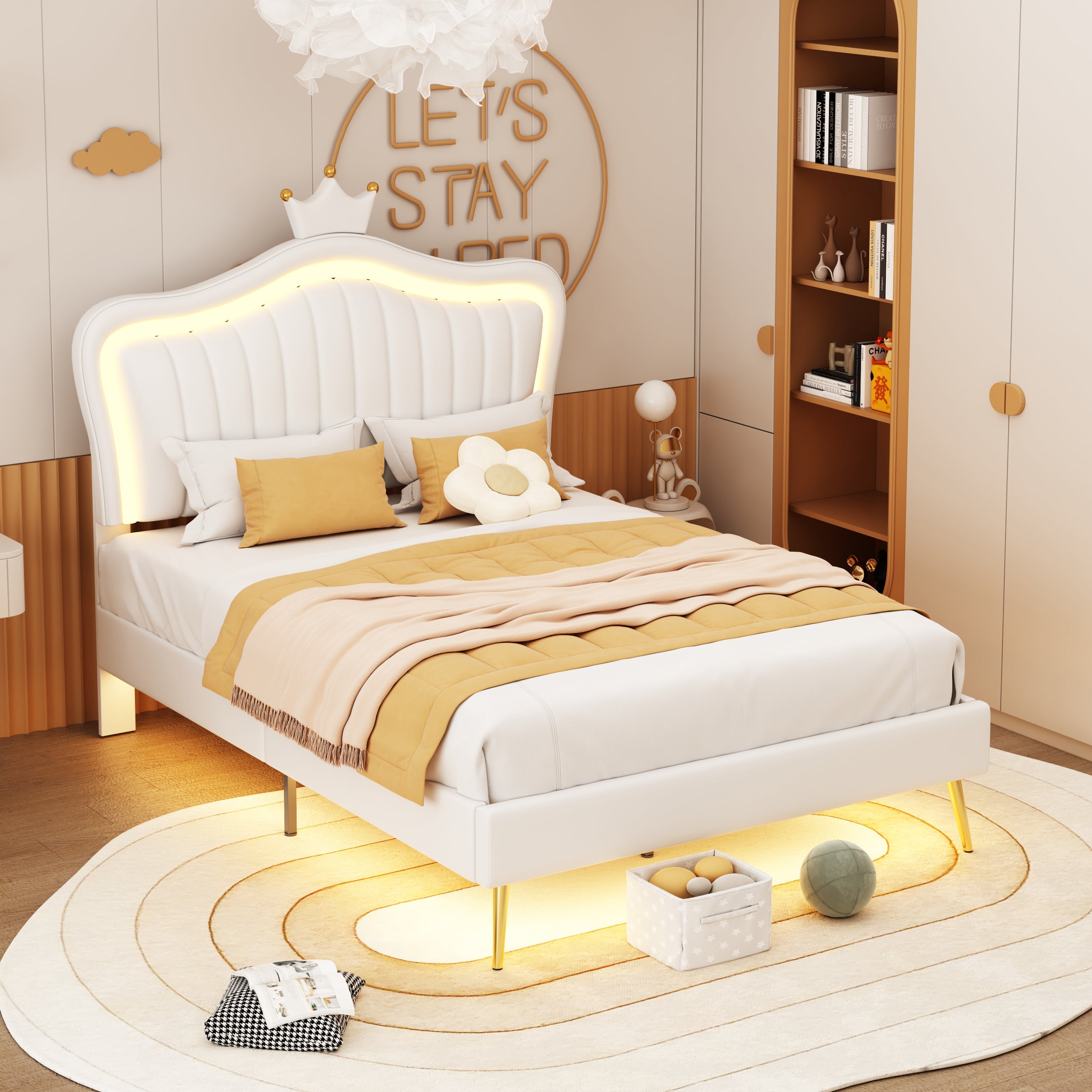 Children's Bed Upholstered, 90x200cm Crown Double Bed Frame with LED Lights, White PU Leather