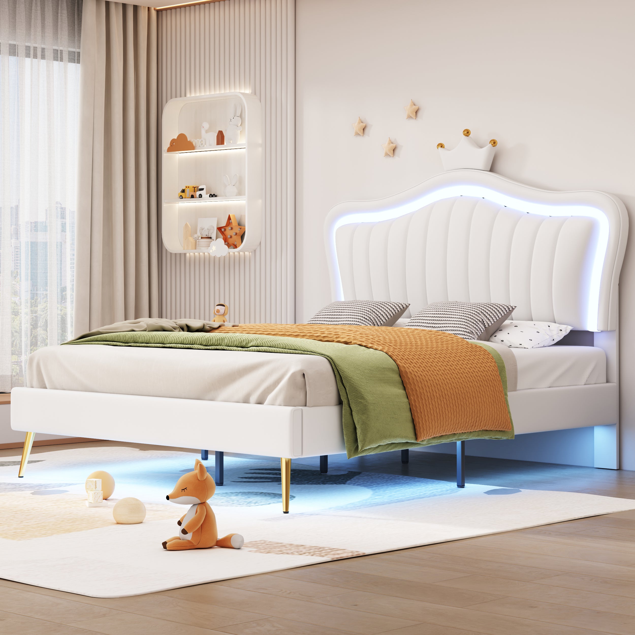 Children's Bed Upholstered, 140x200cm Crown Double with LED Lights, White PU Leather