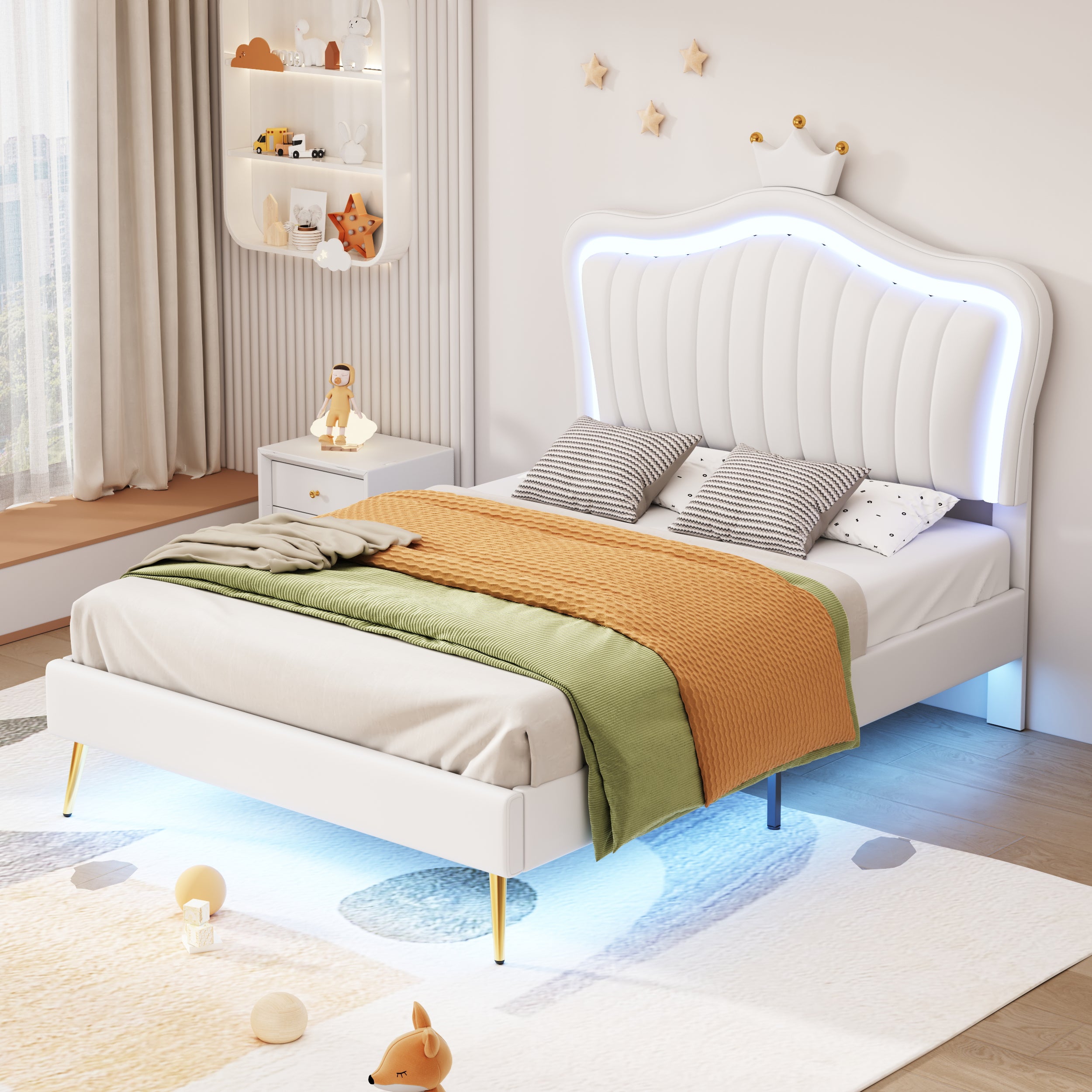 Children's Bed Upholstered, 90x200cm Crown Double Bed Frame with LED Lights, White PU Leather