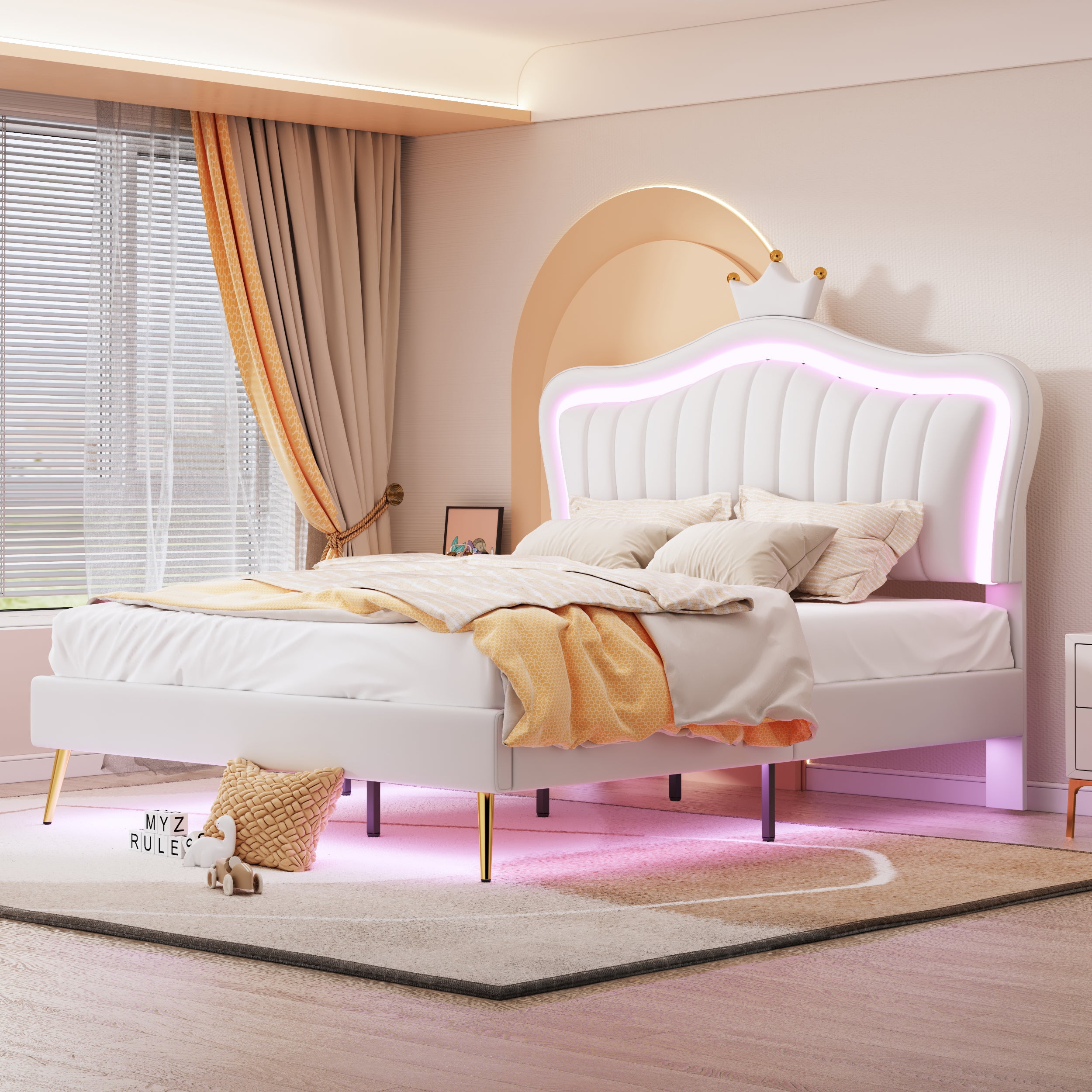 Children's Bed Upholstered, 140x200cm Crown Double with LED Lights, White PU Leather
