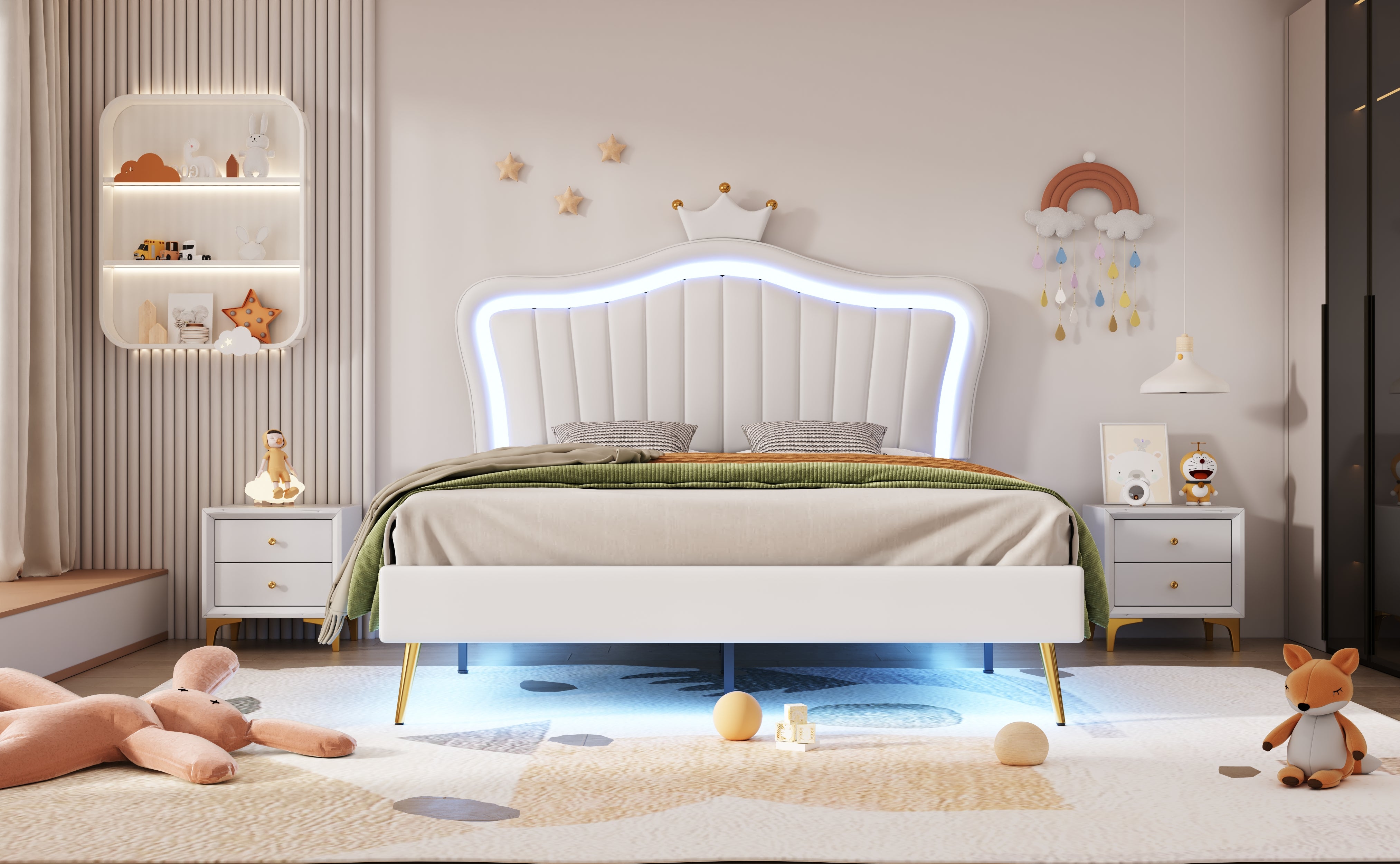 Children's Bed Upholstered, 140x200cm Crown Double with LED Lights, White PU Leather