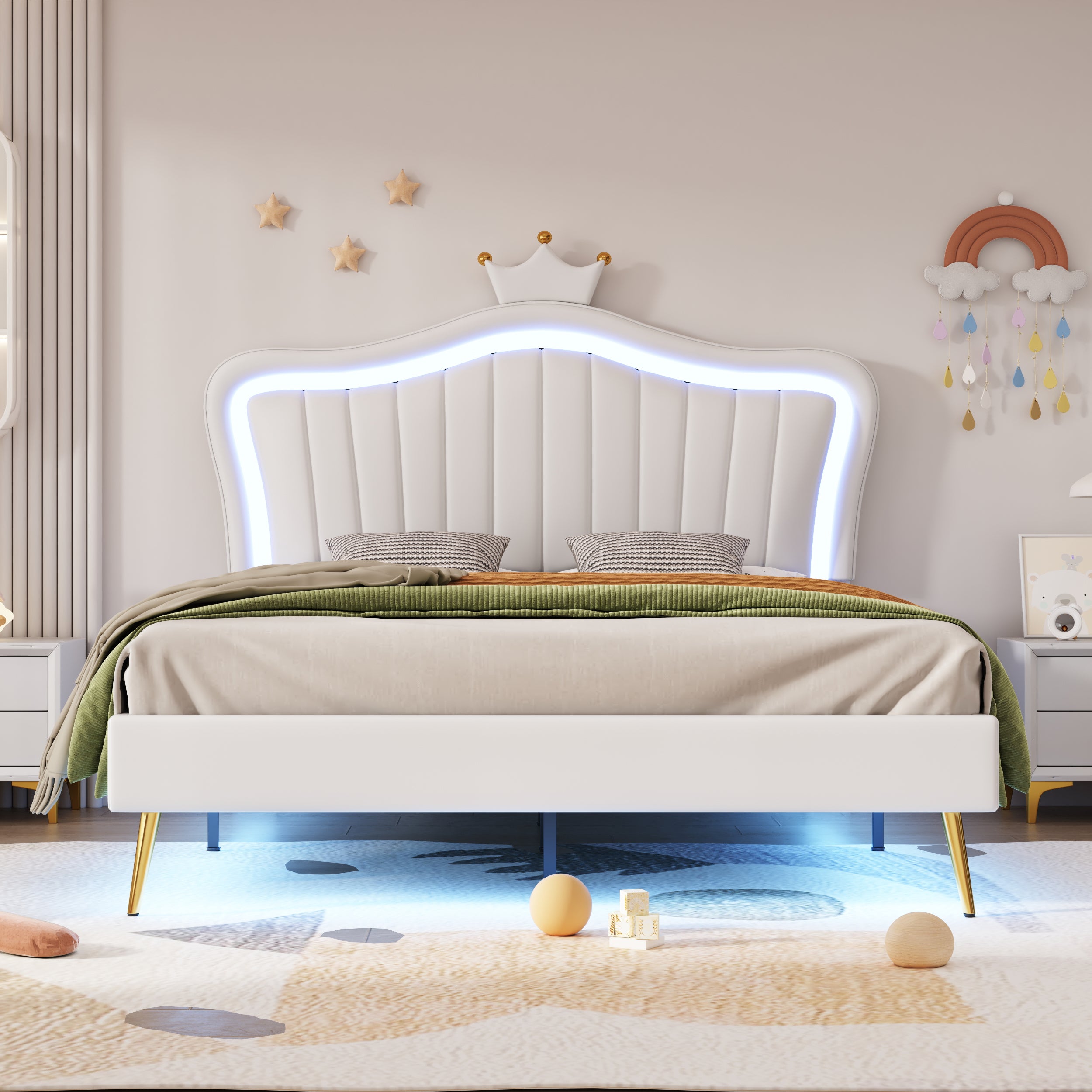 Children's Bed Upholstered, 140x200cm Crown Double with LED Lights, White PU Leather