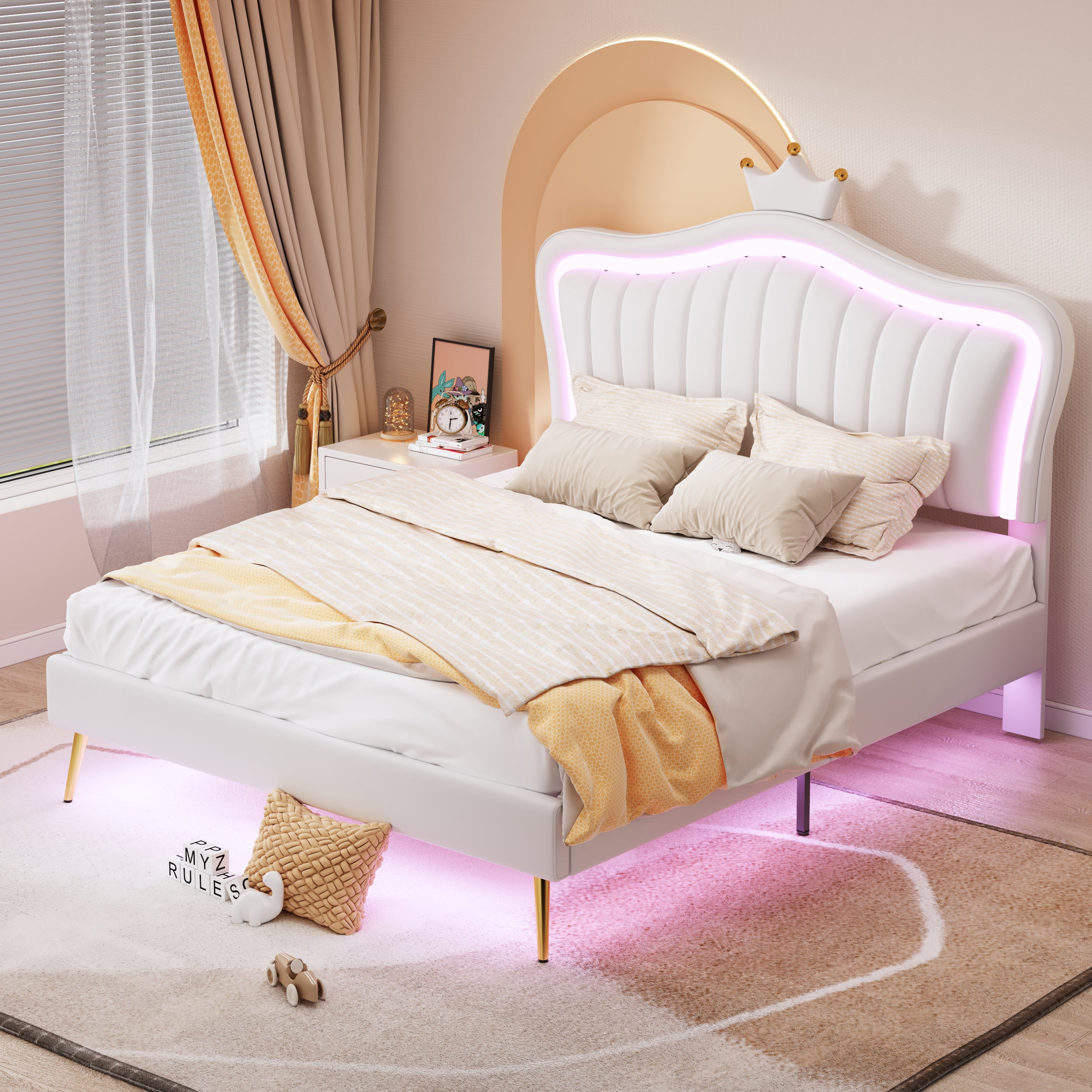 Children's Bed Upholstered, 140x200cm Crown Double with LED Lights, White PU Leather