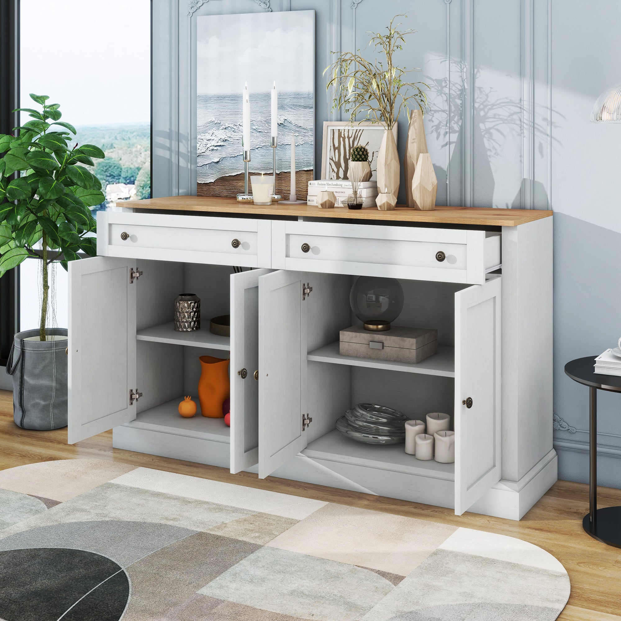 Sideboard, 4 Doors 2 Drawers, Modern Buffet, Antique White + Natural Wood
