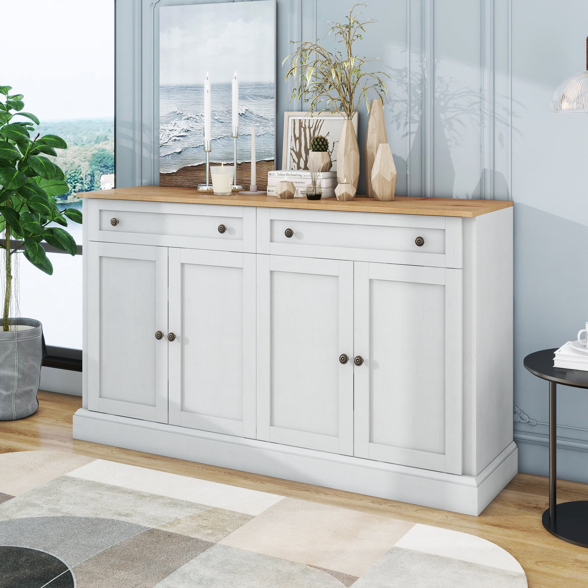 Sideboard, 4 Doors 2 Drawers, Modern Buffet, Antique White + Natural Wood