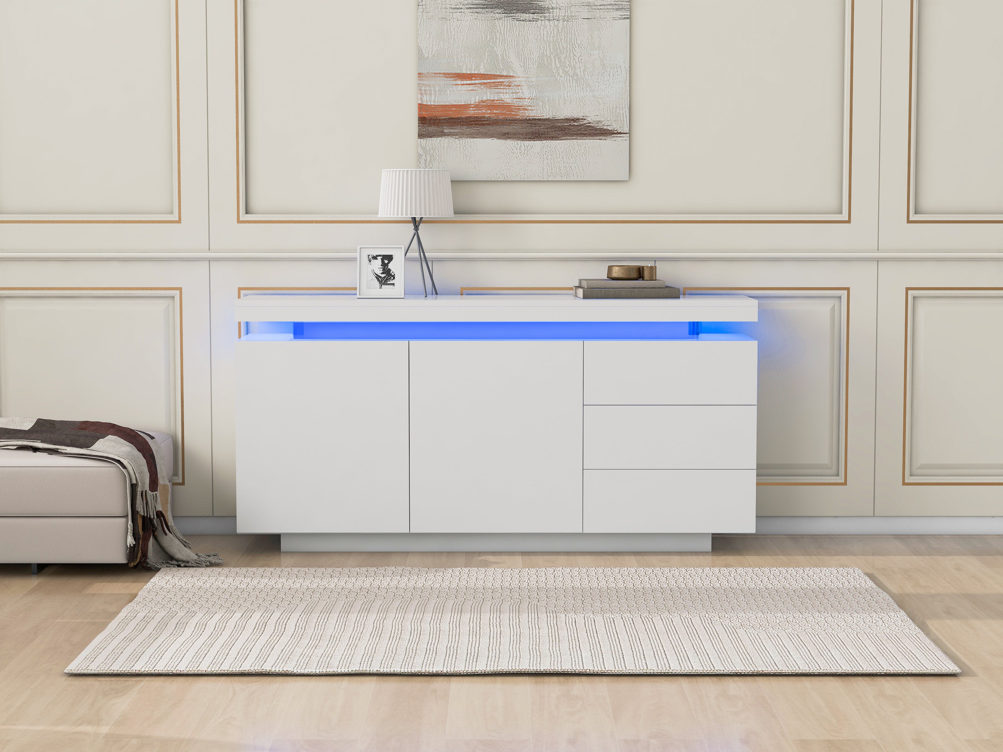 Sideboard Cabinet Modern Living Room with LED Light, 2 Doors 3 Drawers, High Gloss White