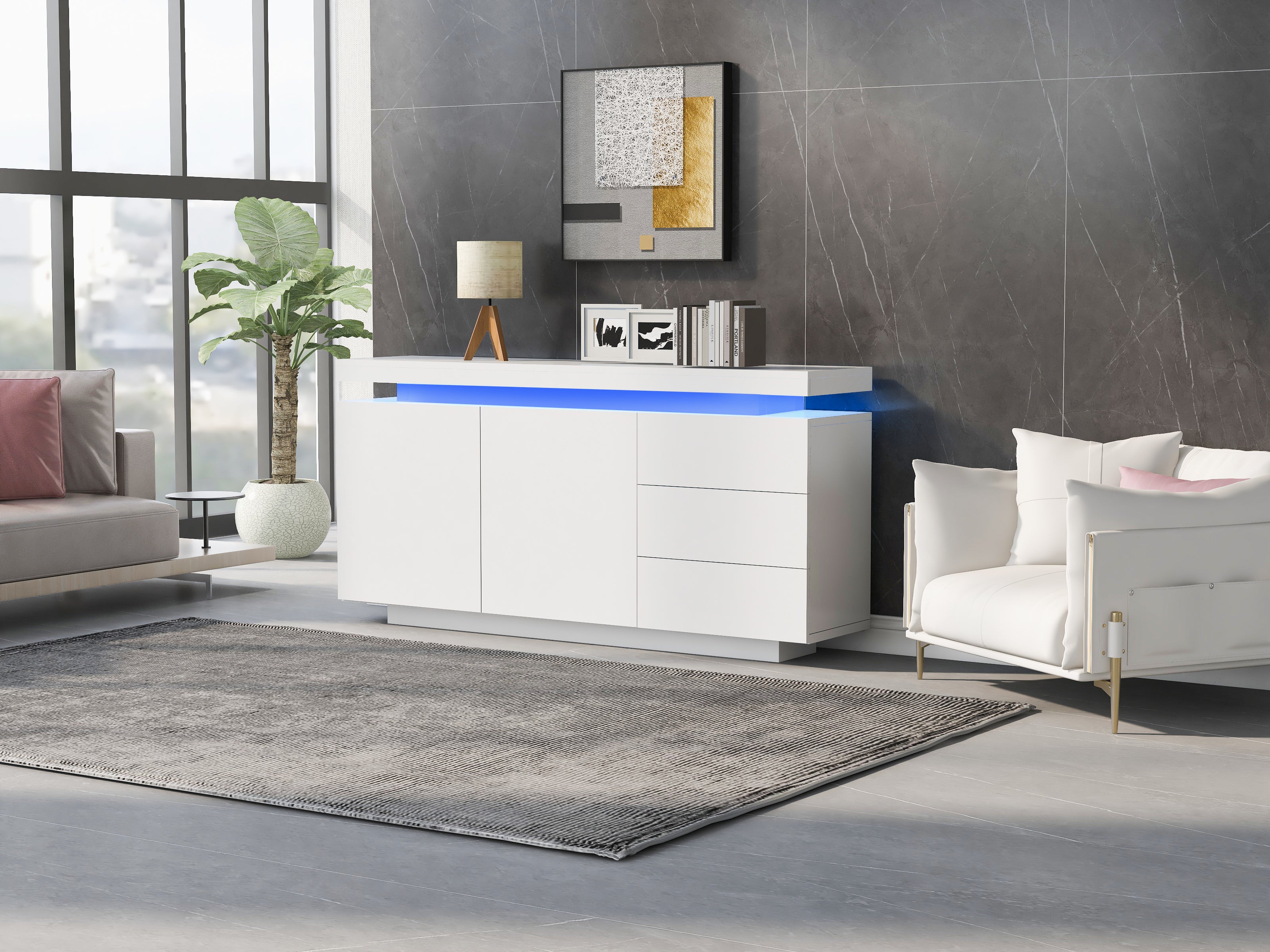 Sideboard Cabinet Modern Living Room with LED Light, 2 Doors 3 Drawers, High Gloss White
