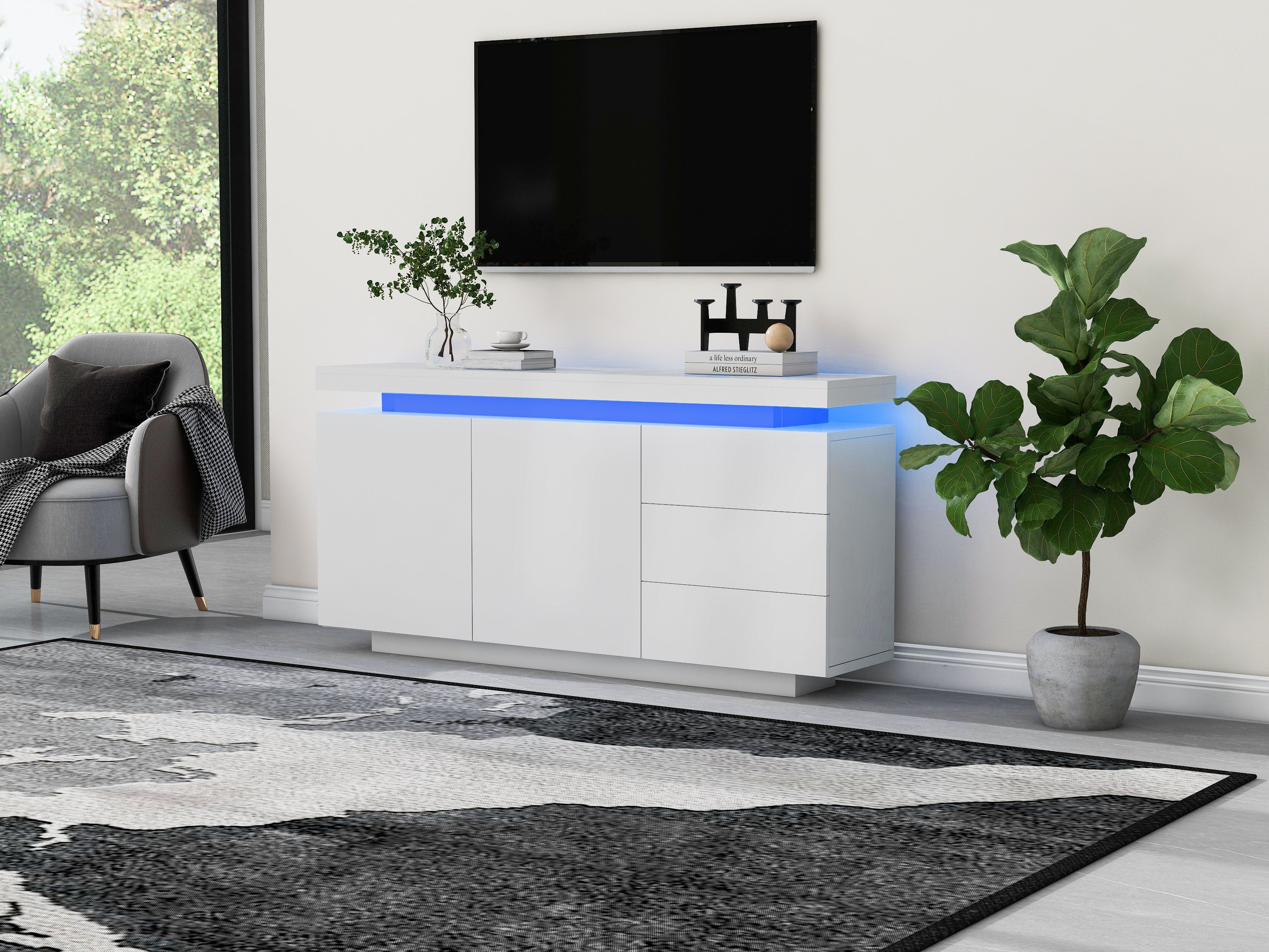 Sideboard Cabinet Modern Living Room with LED Light, 2 Doors 3 Drawers, High Gloss White