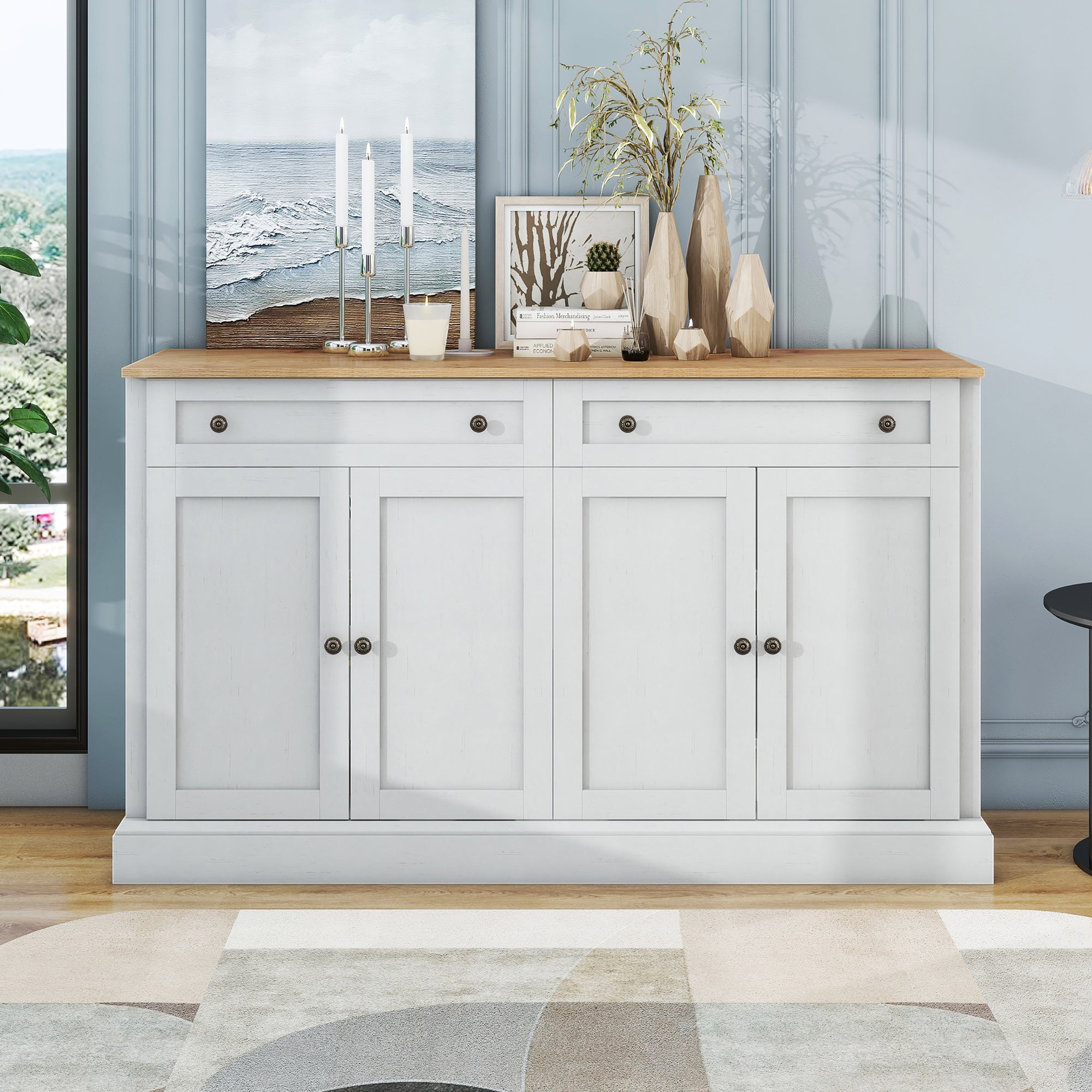 Sideboard, 4 Doors 2 Drawers, Modern Buffet, Antique White + Natural Wood