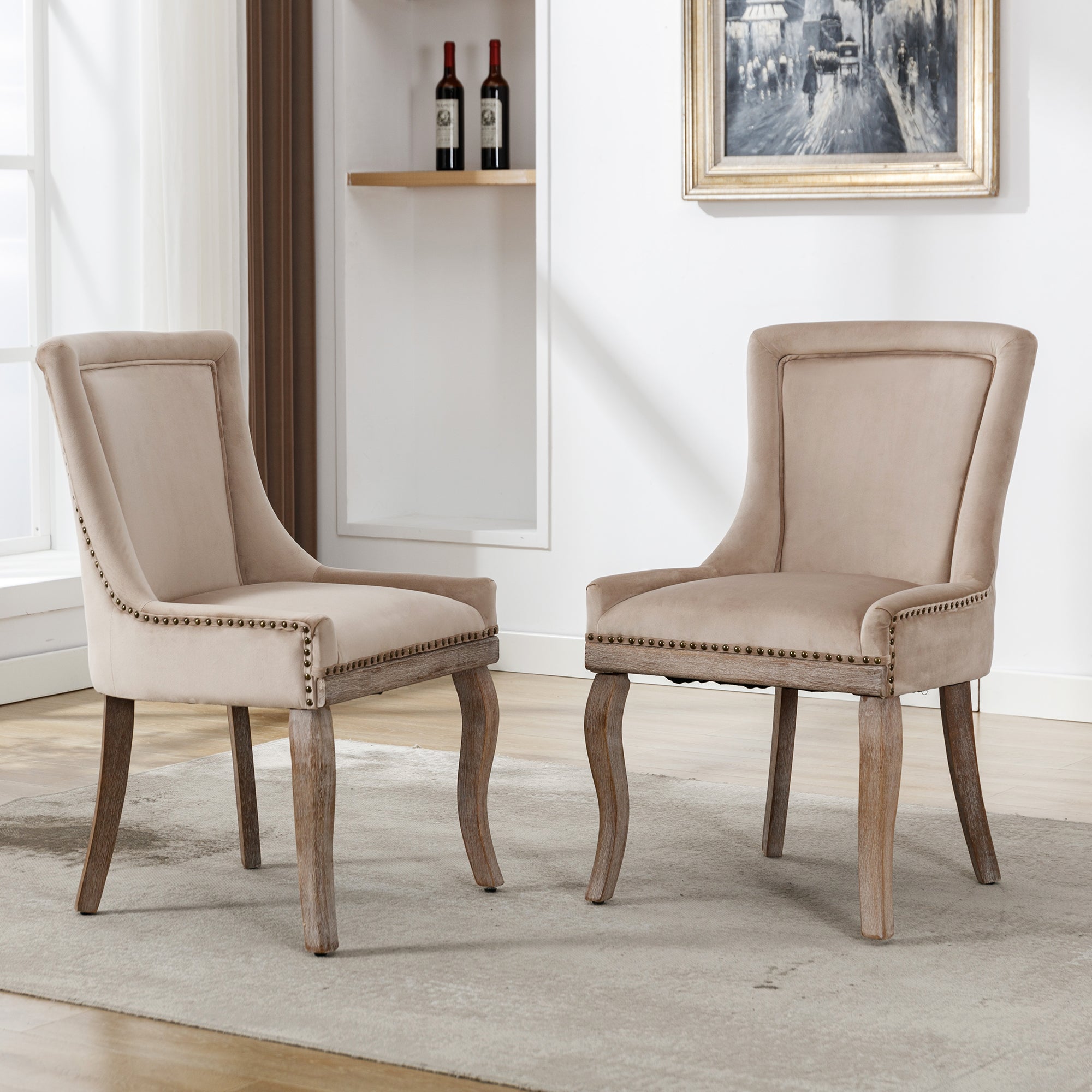 Dining Chair Set of 2 Upholstered Nailhead Trim Solid Wood Legs, Beige Velvet