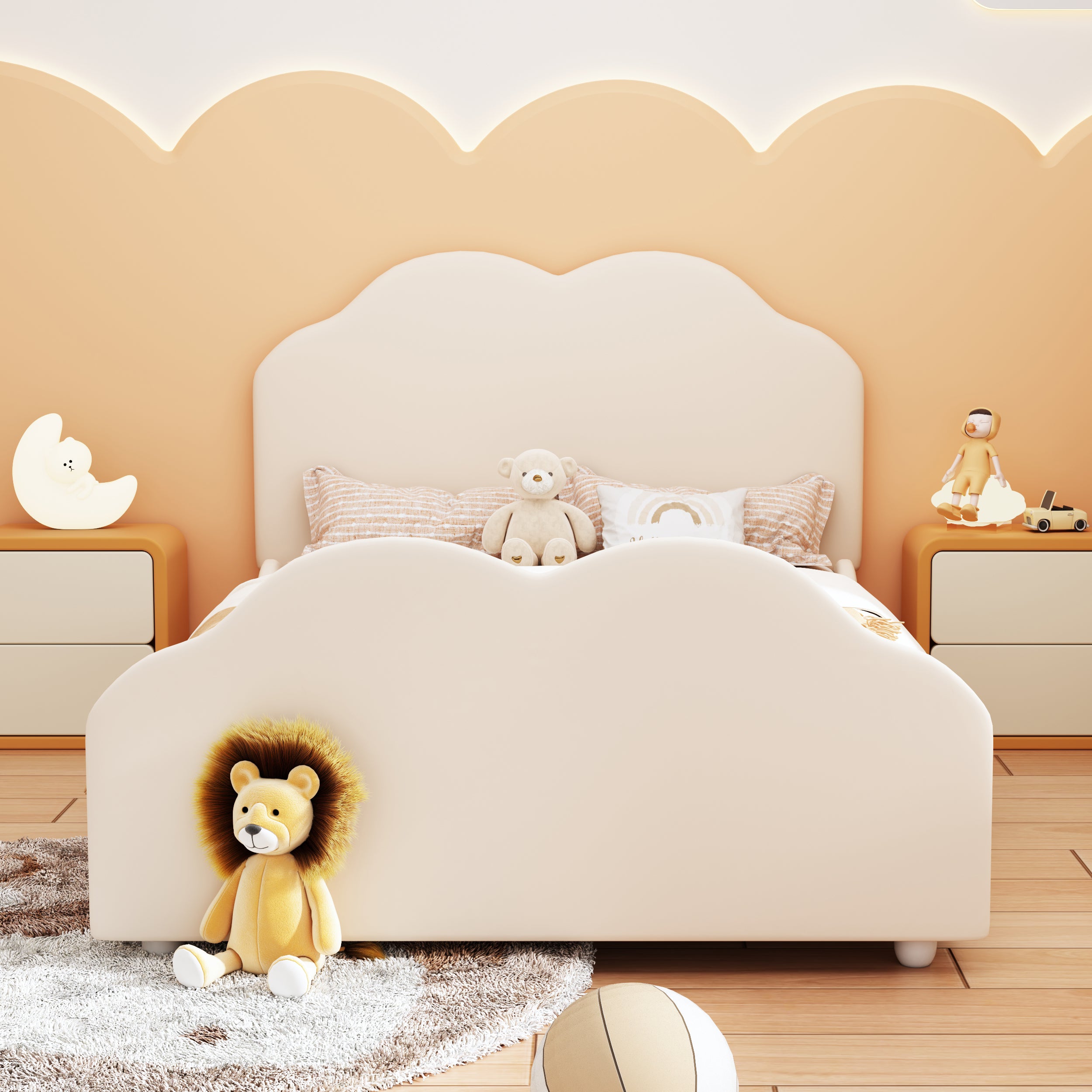 Upholstered Children's Bed Single 90x200cm High Railing Cloud Headboard, Beige Velvet