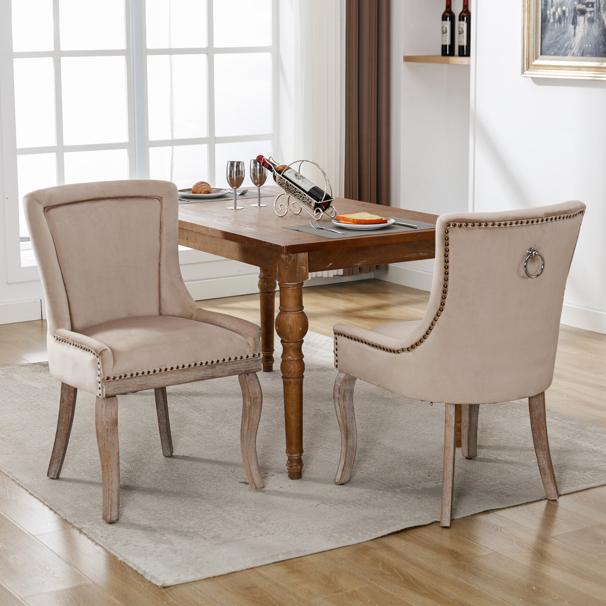 Luxurious Dining Chair Set of 2 Upholstered Nailhead Trim Solid Wood Legs Beige Velvet