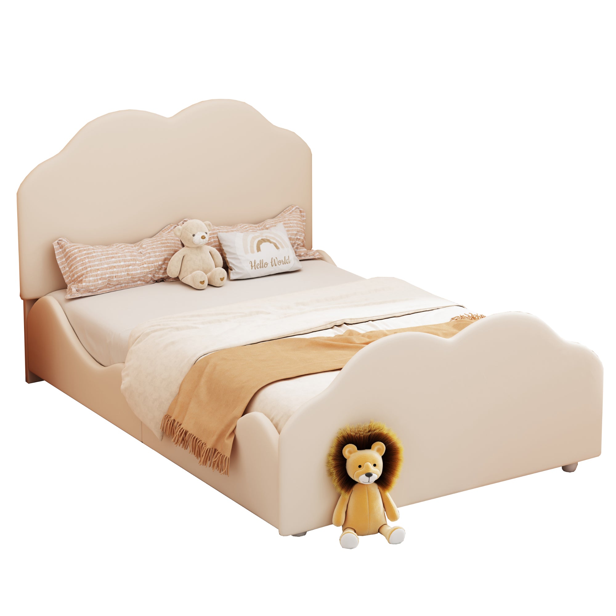 Upholstered Children's Bed Single 90x200cm High Railing Cloud Headboard, Beige Velvet