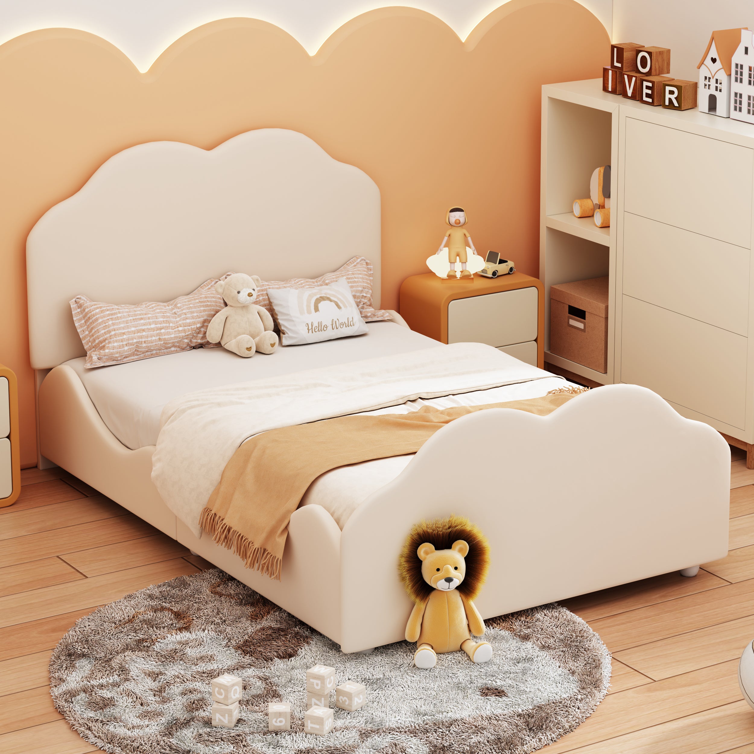 Upholstered Children's Bed Single 90x200cm High Railing Cloud Headboard, Beige Velvet