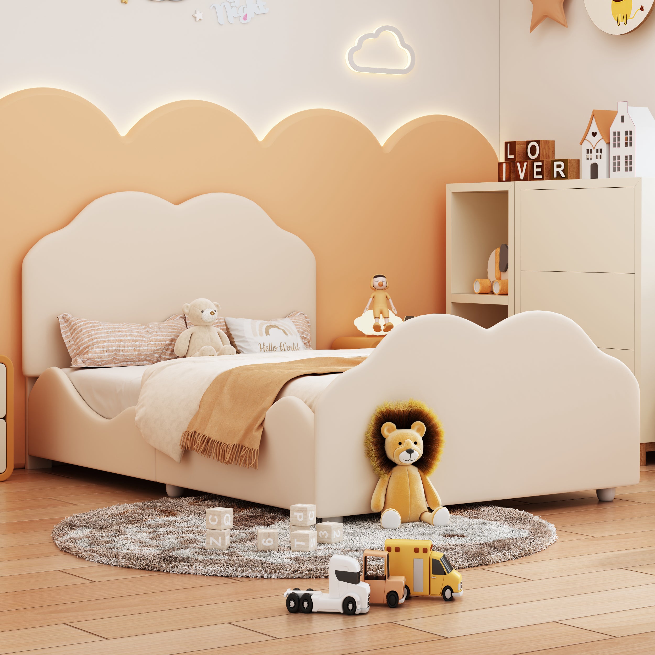 Upholstered Children's Bed Single 90x200cm High Railing Cloud Headboard, Beige Velvet