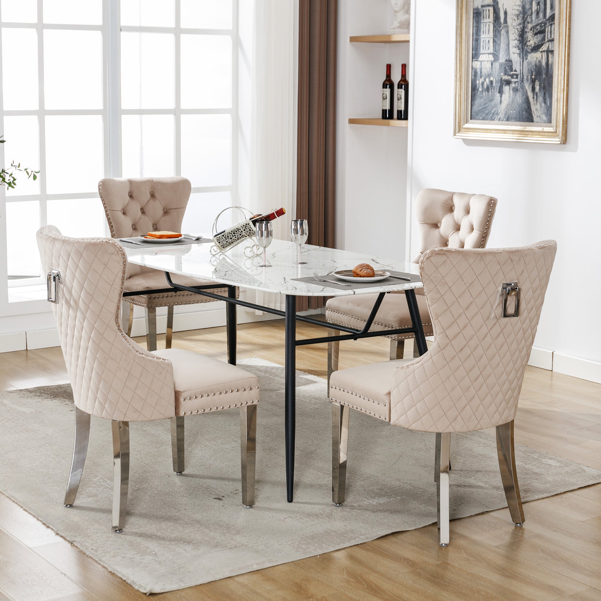 Dining Chair 4-Piece Set Upholstered Door Knocker Nailhead Trim Metal Legs Beige Velvet