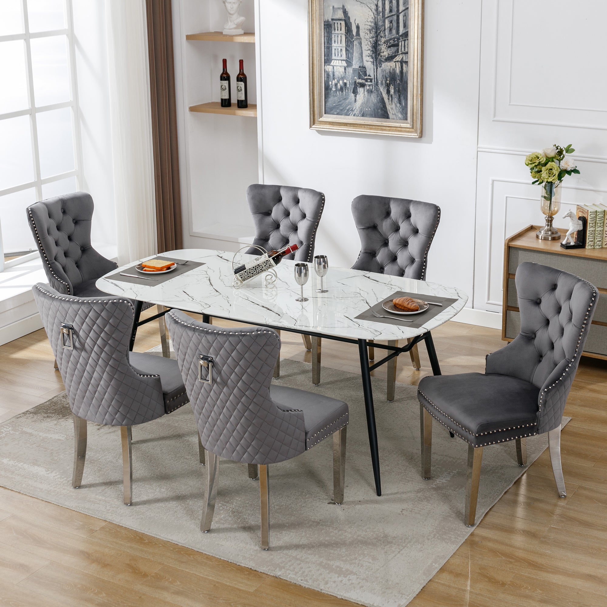 Dining Chairs Set of 6 Upholstered Door Knocker Nailhead Trim Grey Velvet