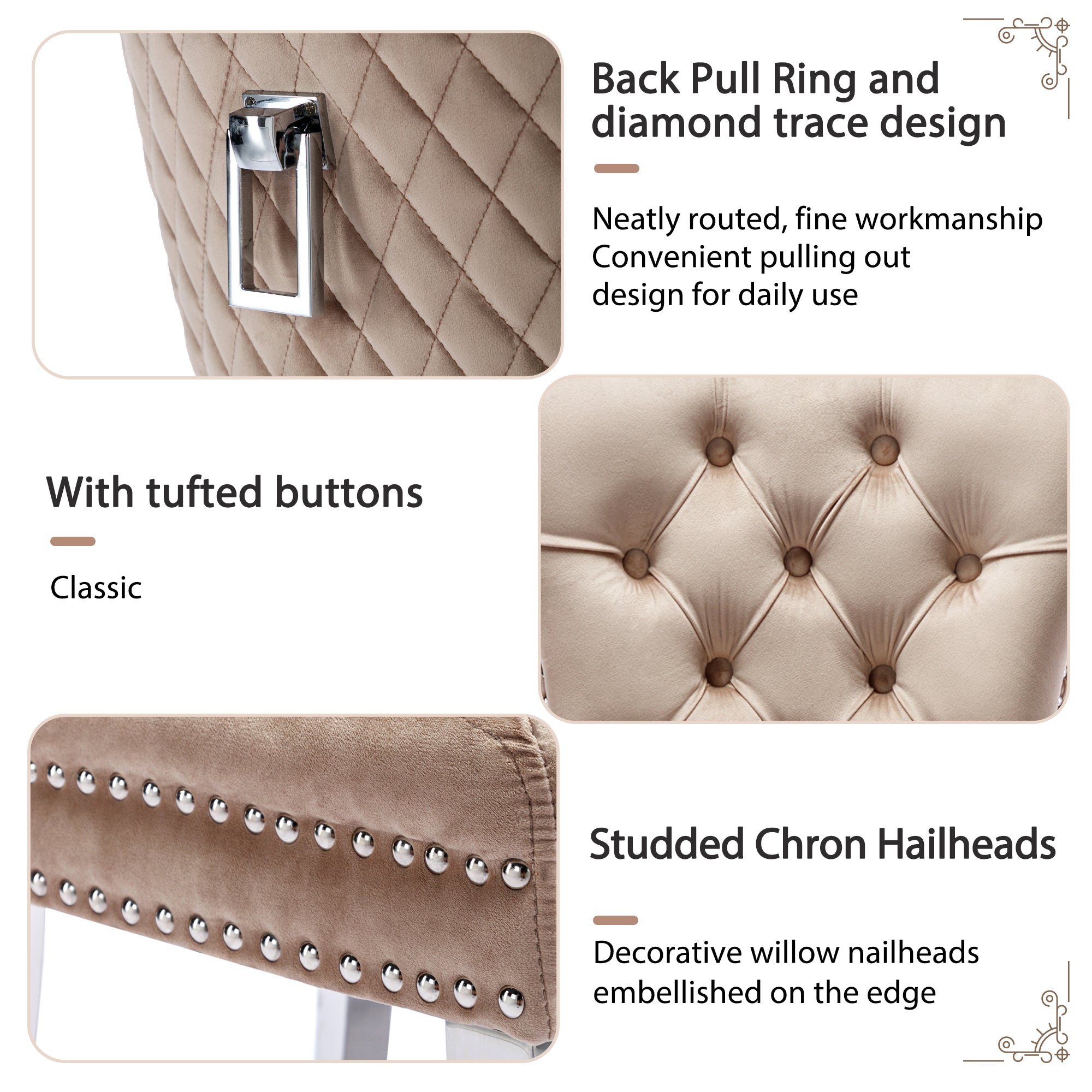 Dining Chair Set 2 Upholstered Door Knocker Back Beige Velvet