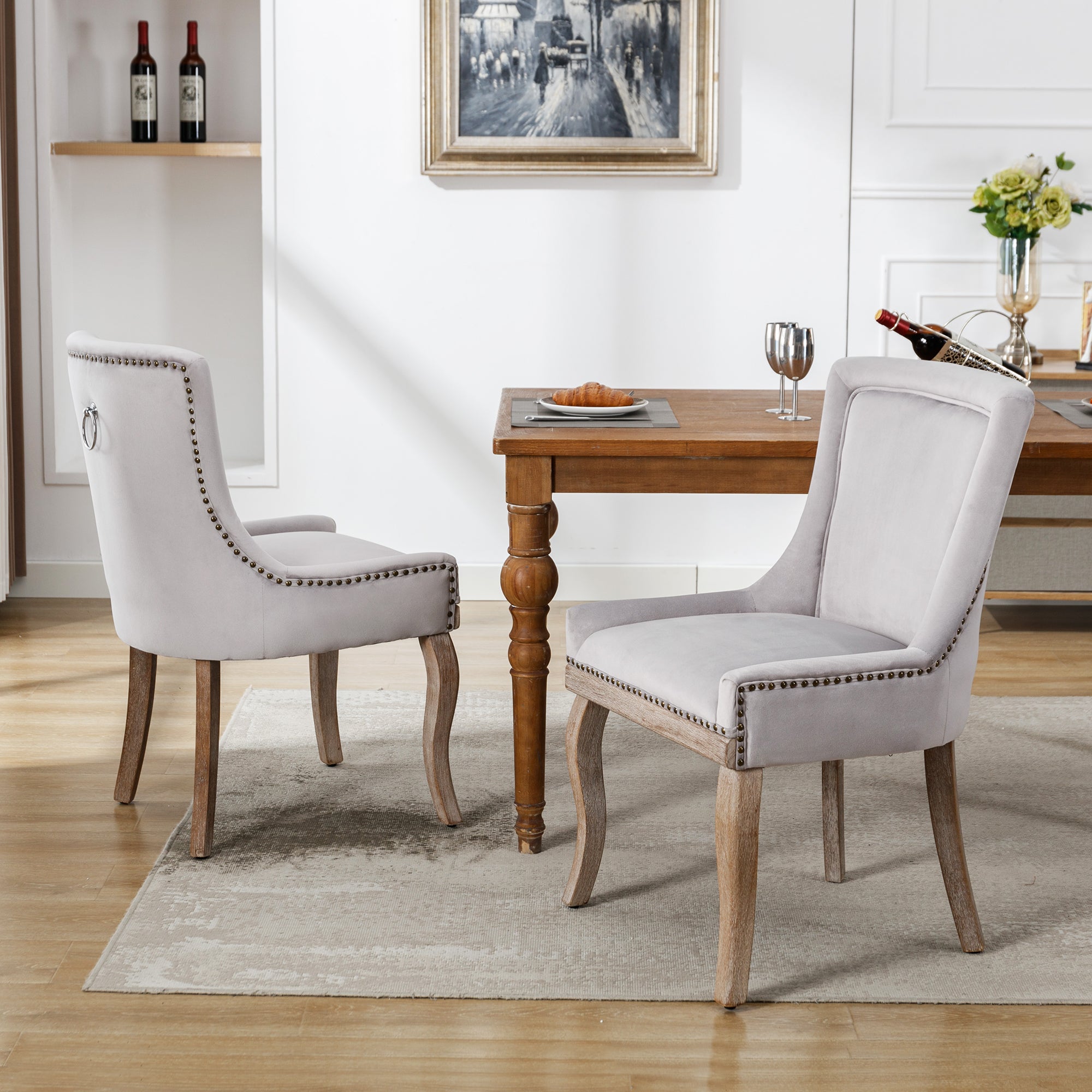 Luxurious Dining Chair (set of 2) , Upholstered with Nailhead Trim, Solid Wood Legs, Velvet, Grey