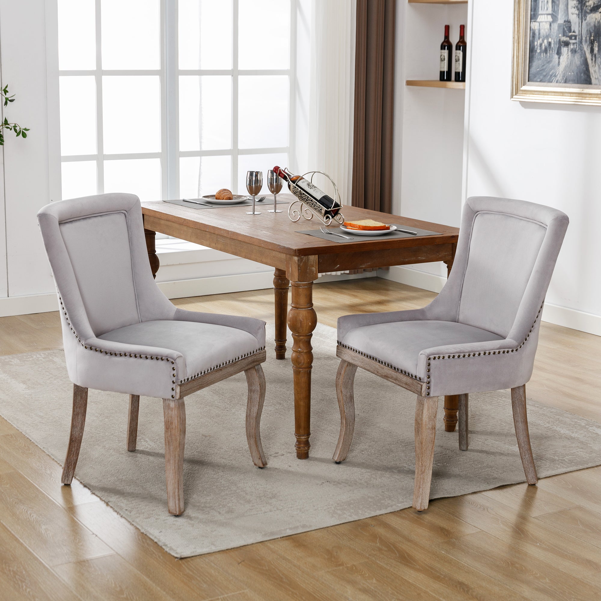 Luxurious Dining Chair (set of 2) , Upholstered with Nailhead Trim, Solid Wood Legs, Velvet, Grey