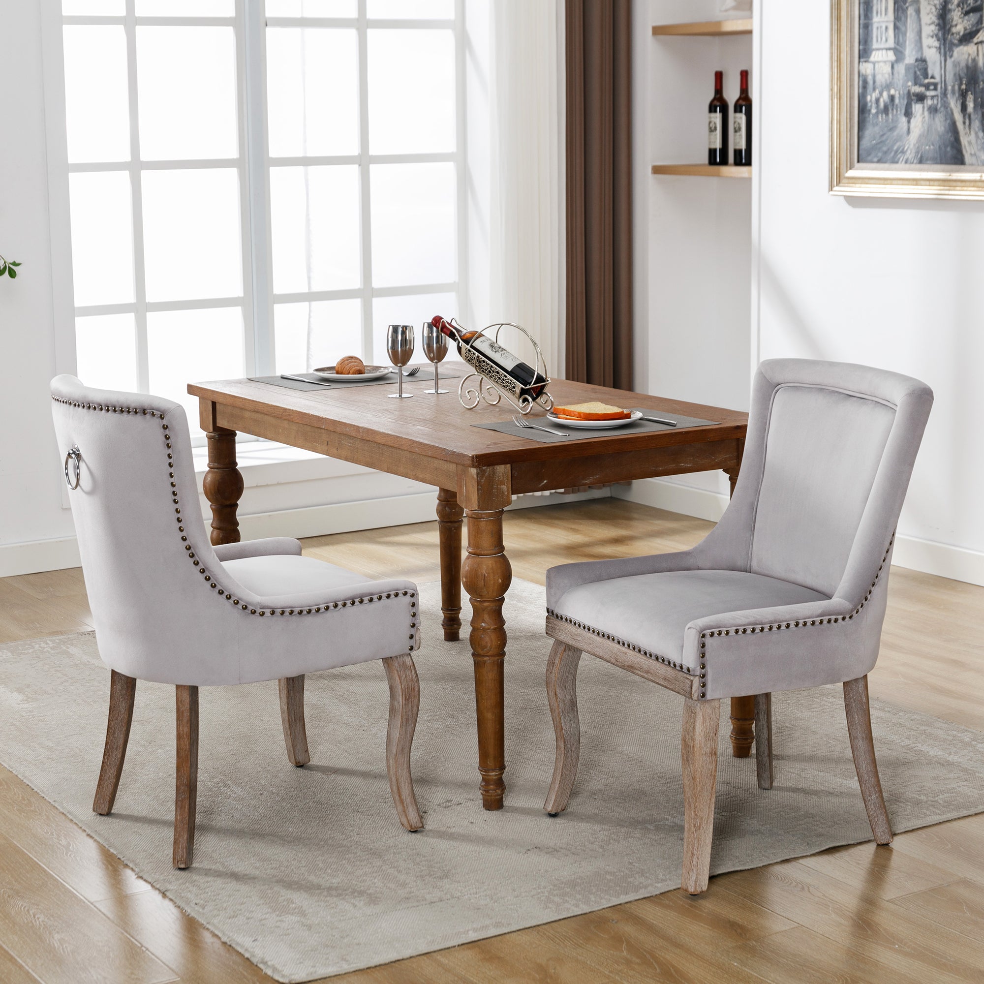 Luxurious Dining Chair (set of 2) , Upholstered with Nailhead Trim, Solid Wood Legs, Velvet, Grey