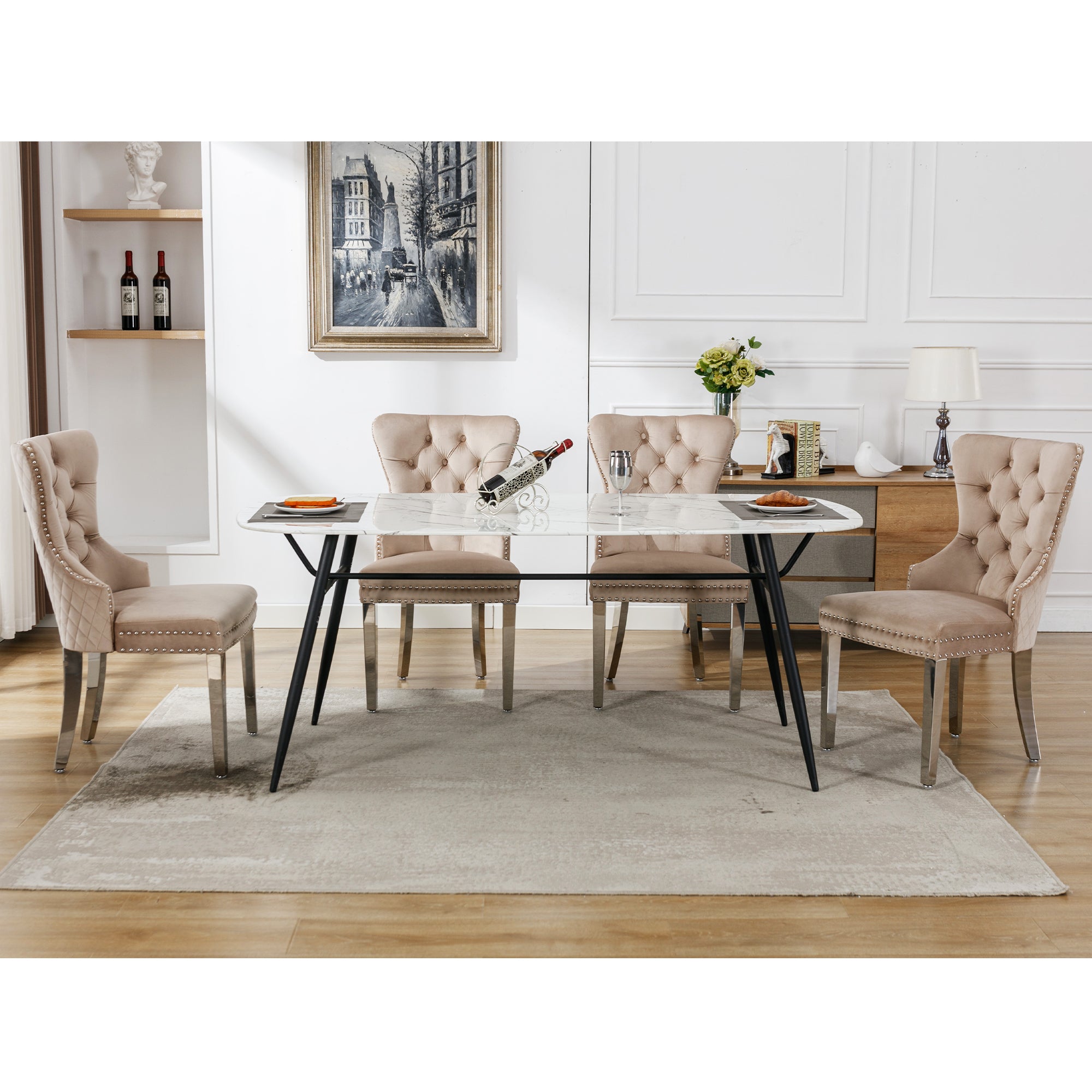 Dining Chair 4-Piece Set Upholstered Door Knocker Nailhead Trim Metal Legs Beige Velvet