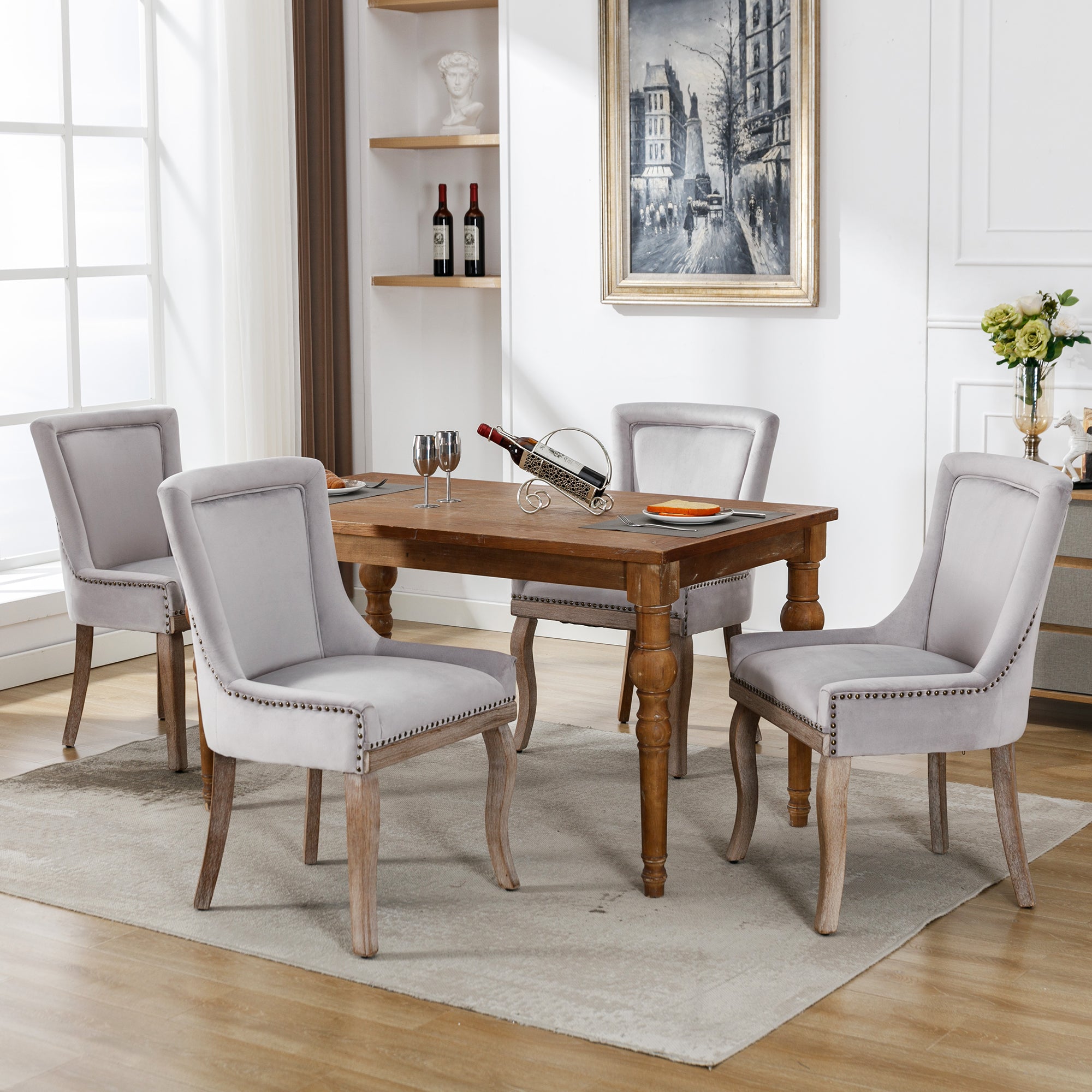 Luxurious Dining Chair Set of 4 Upholstered Nailhead Trim Solid Wood Legs Grey Velvet