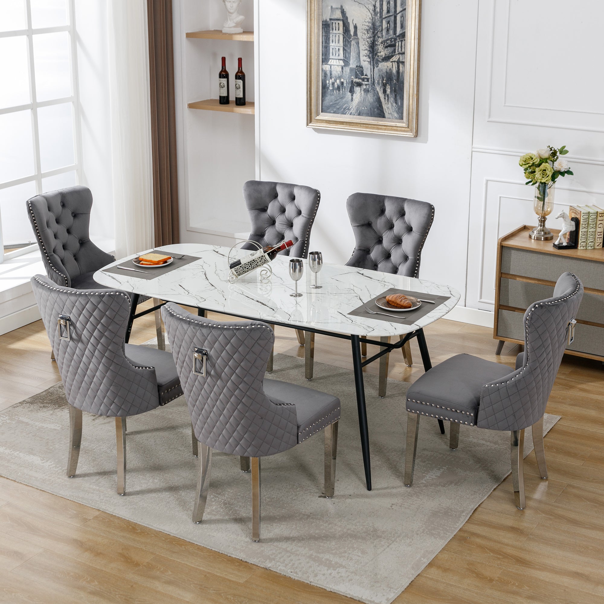 Dining Chairs Set of 6 Upholstered Door Knocker Nailhead Trim Grey Velvet