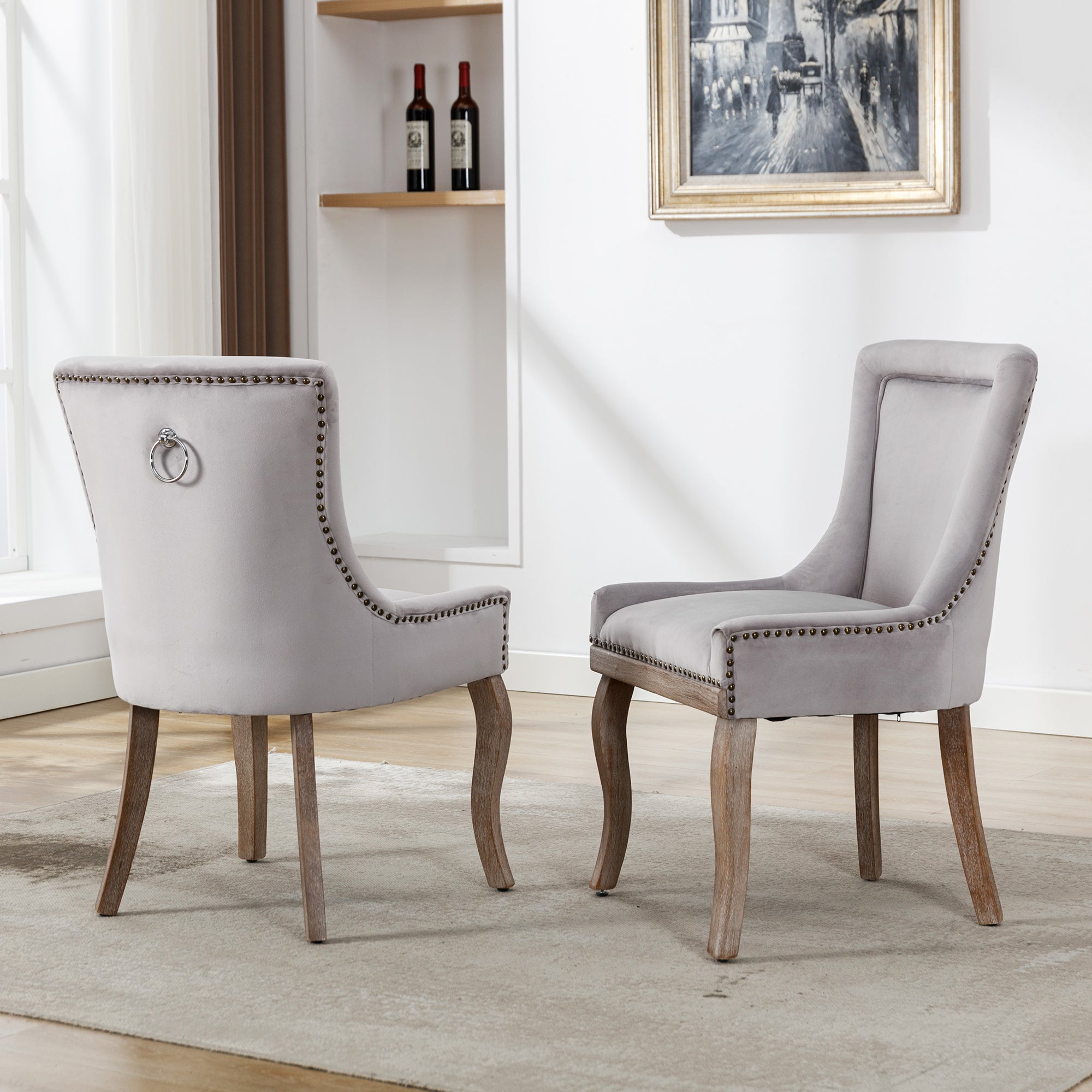 Luxurious Dining Chair (set of 2) , Upholstered with Nailhead Trim, Solid Wood Legs, Velvet, Grey