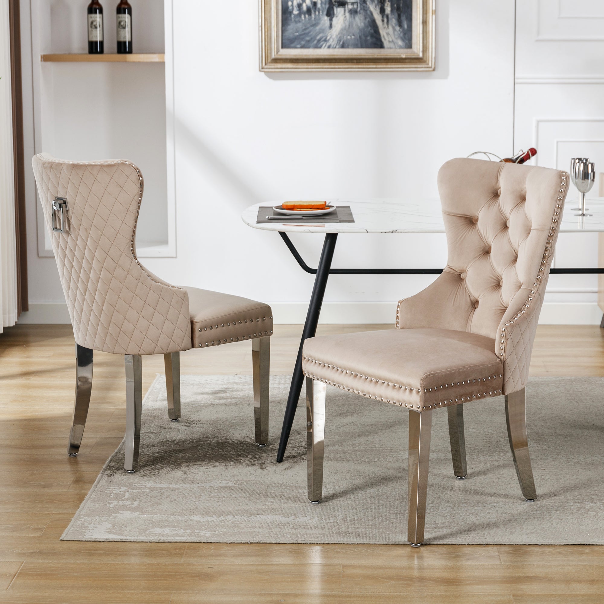 Dining Chair Set 2 Upholstered Door Knocker Back Beige Velvet