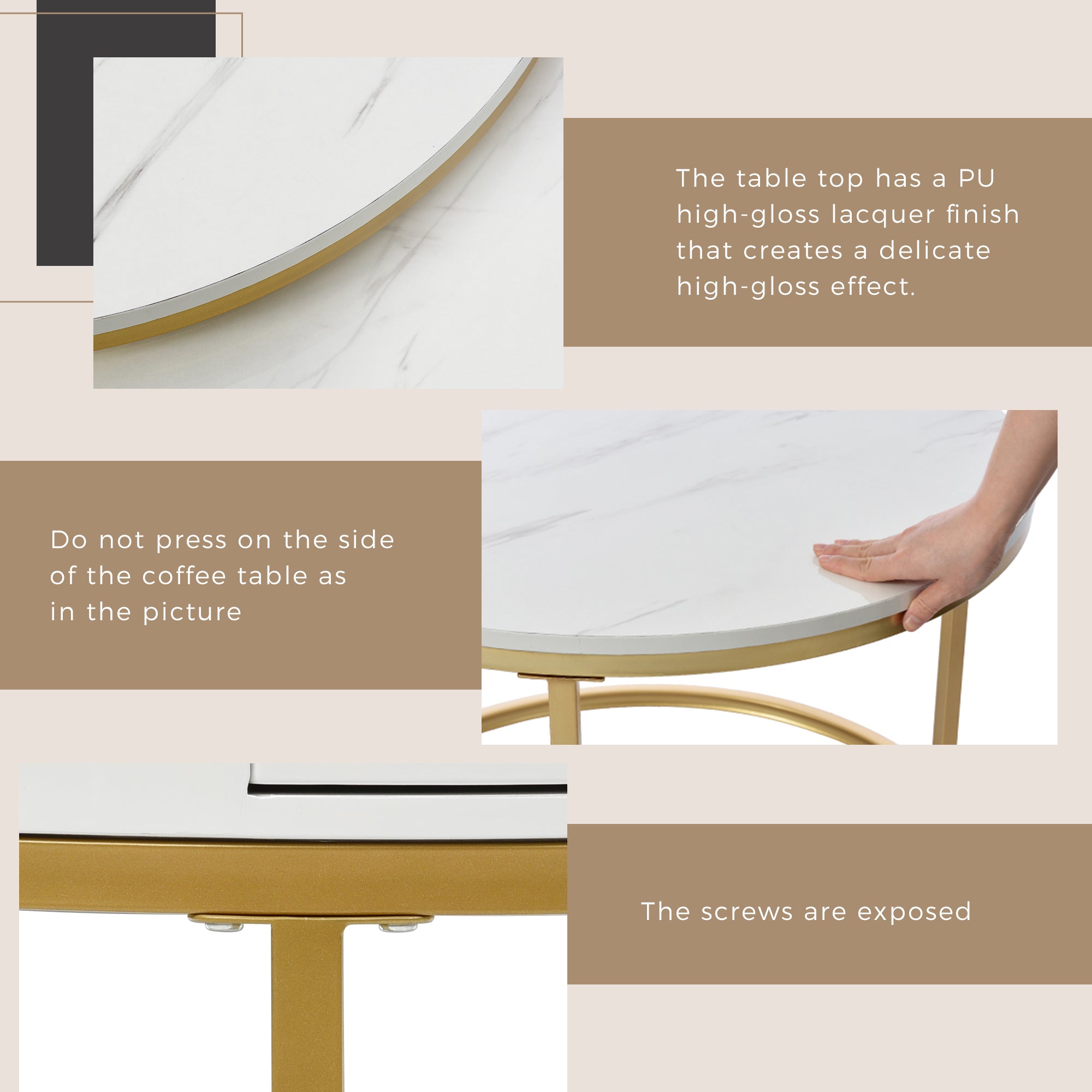 Round Coffee Tables, Set of 2 Nesting End Tables with Drawer and Storage, Gold Metal and Marble Pattern Top