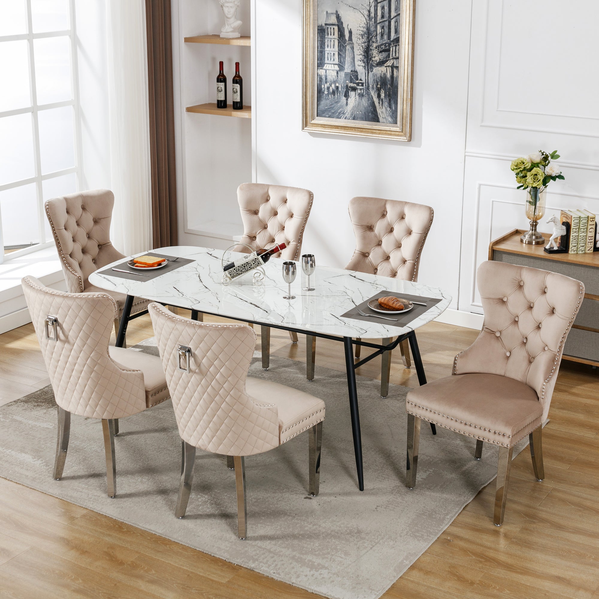 Dining Chair (set of 6), Upholstered with Nailhead Trim, Metal Legs, Velvet Beige