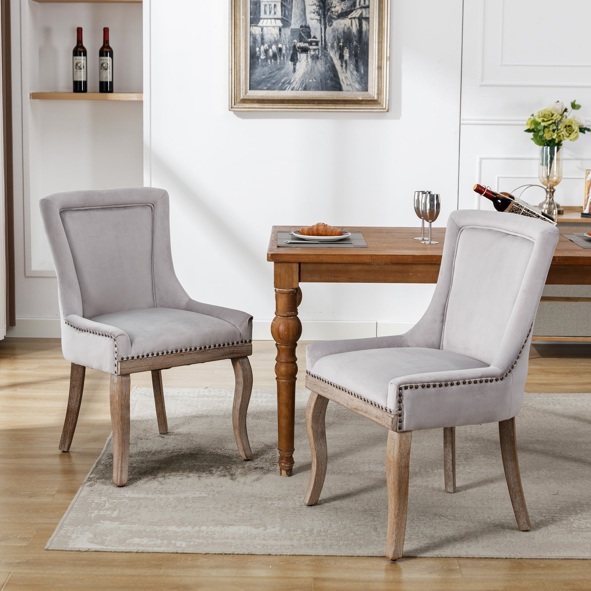 Luxurious Dining Chair (set of 2) , Upholstered with Nailhead Trim, Solid Wood Legs, Velvet, Grey