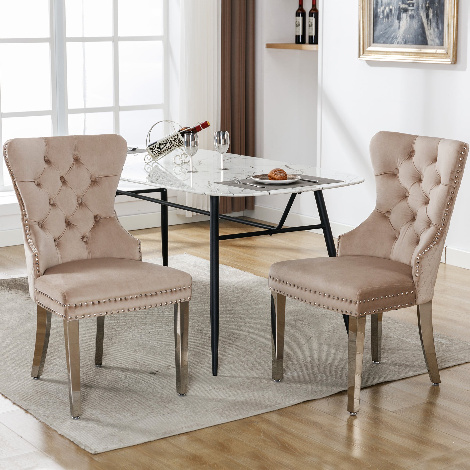 Dining Chair Set 2 Upholstered Door Knocker Back Beige Velvet