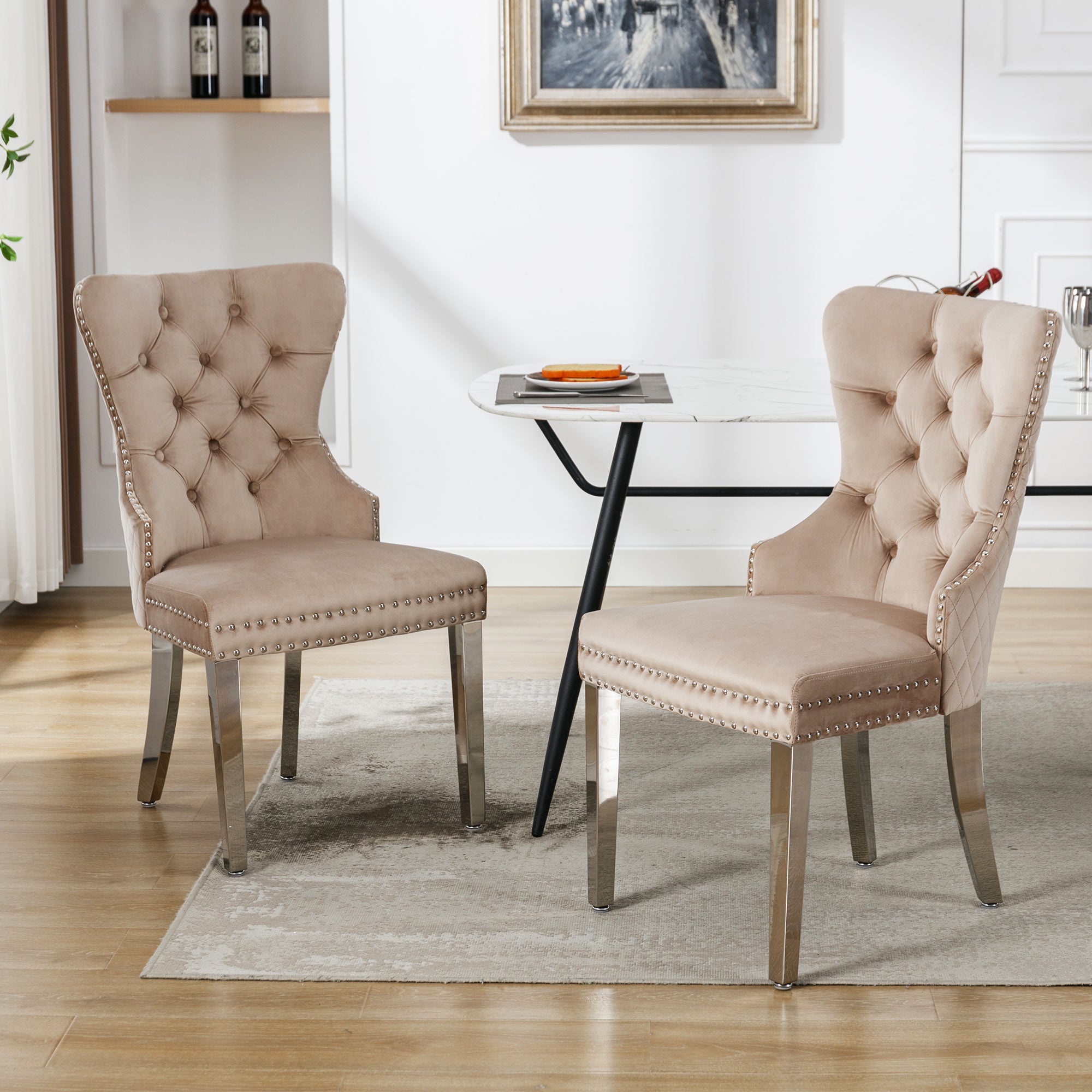 Dining Chair (set of 2) - Upholstered, Nailhead Trim, Metal Legs, Velvet, Beige