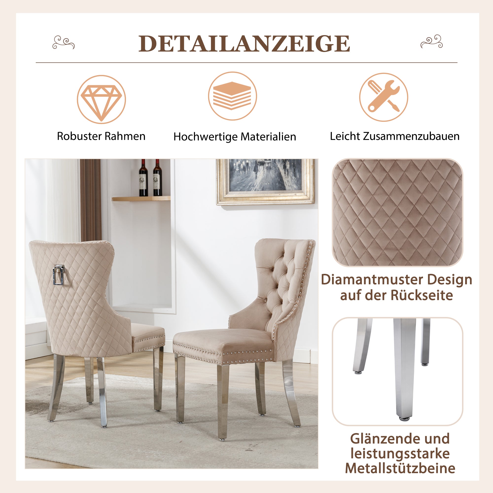 Dining Chair Set 2 Upholstered Door Knocker Back Beige Velvet