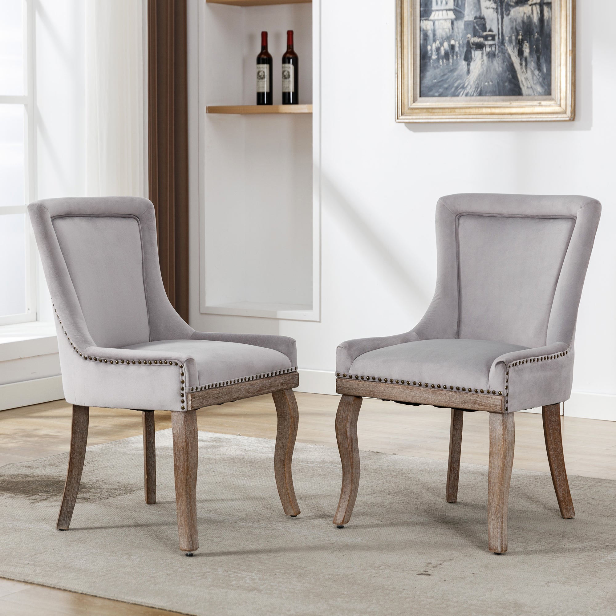 Luxurious Dining Chair (set of 2) , Upholstered with Nailhead Trim, Solid Wood Legs, Velvet, Grey