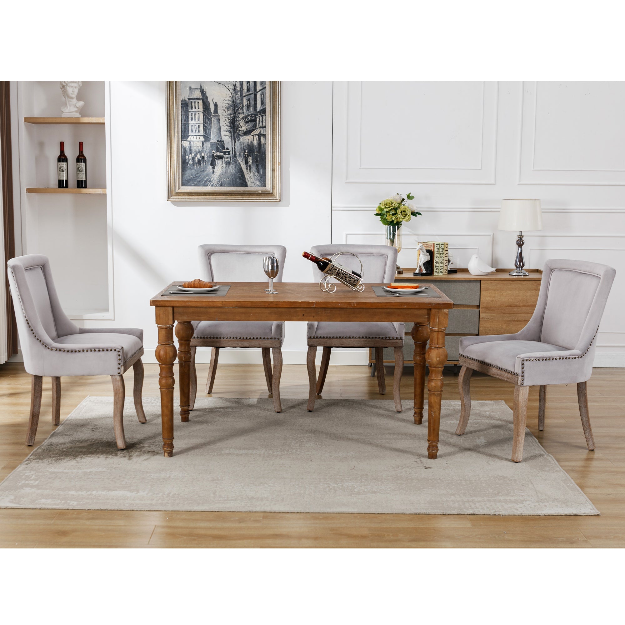 Luxurious Dining Chair Set of 4 Upholstered Nailhead Trim Solid Wood Legs Grey Velvet