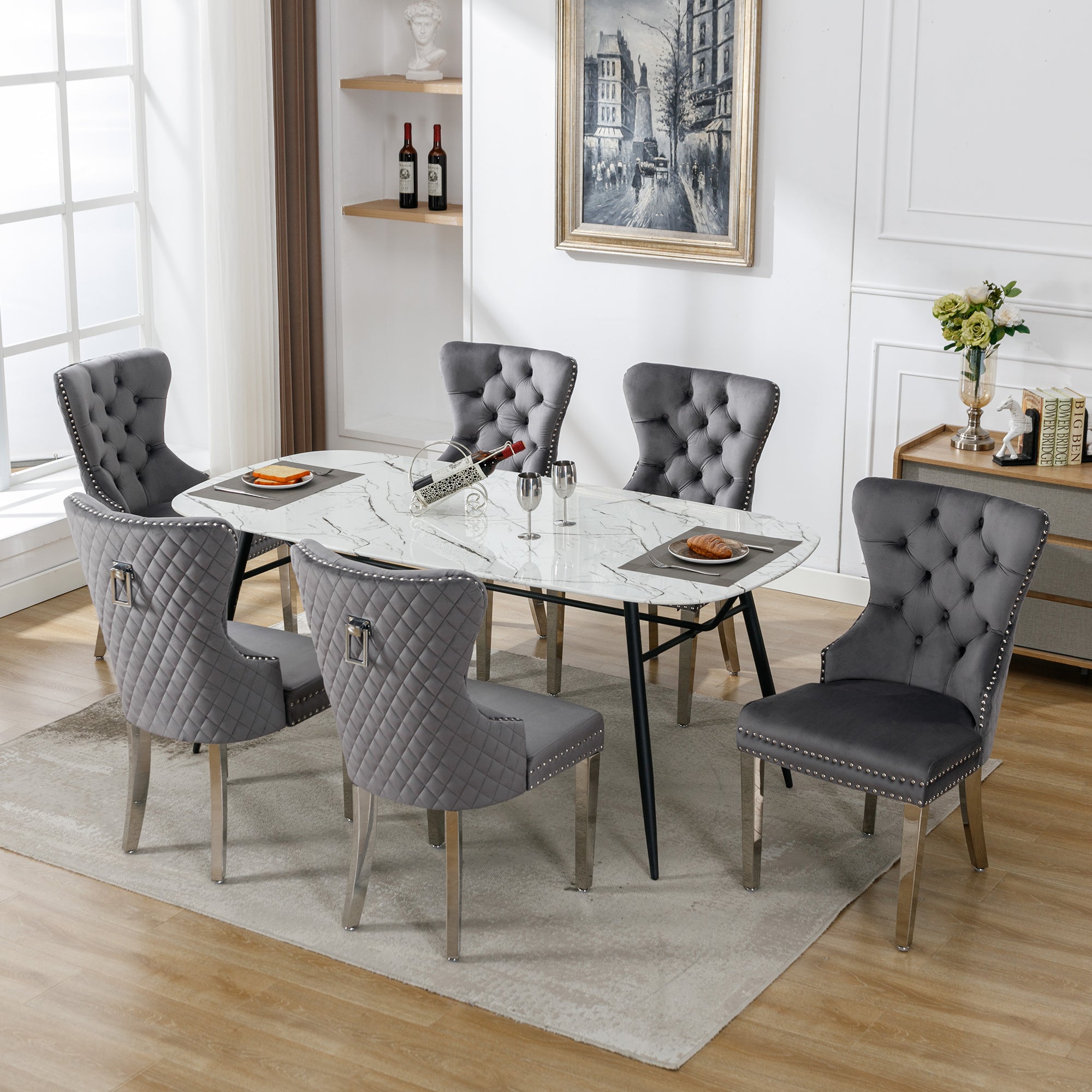 Dining Chairs Set of 6 Upholstered Door Knocker Nailhead Trim Grey Velvet