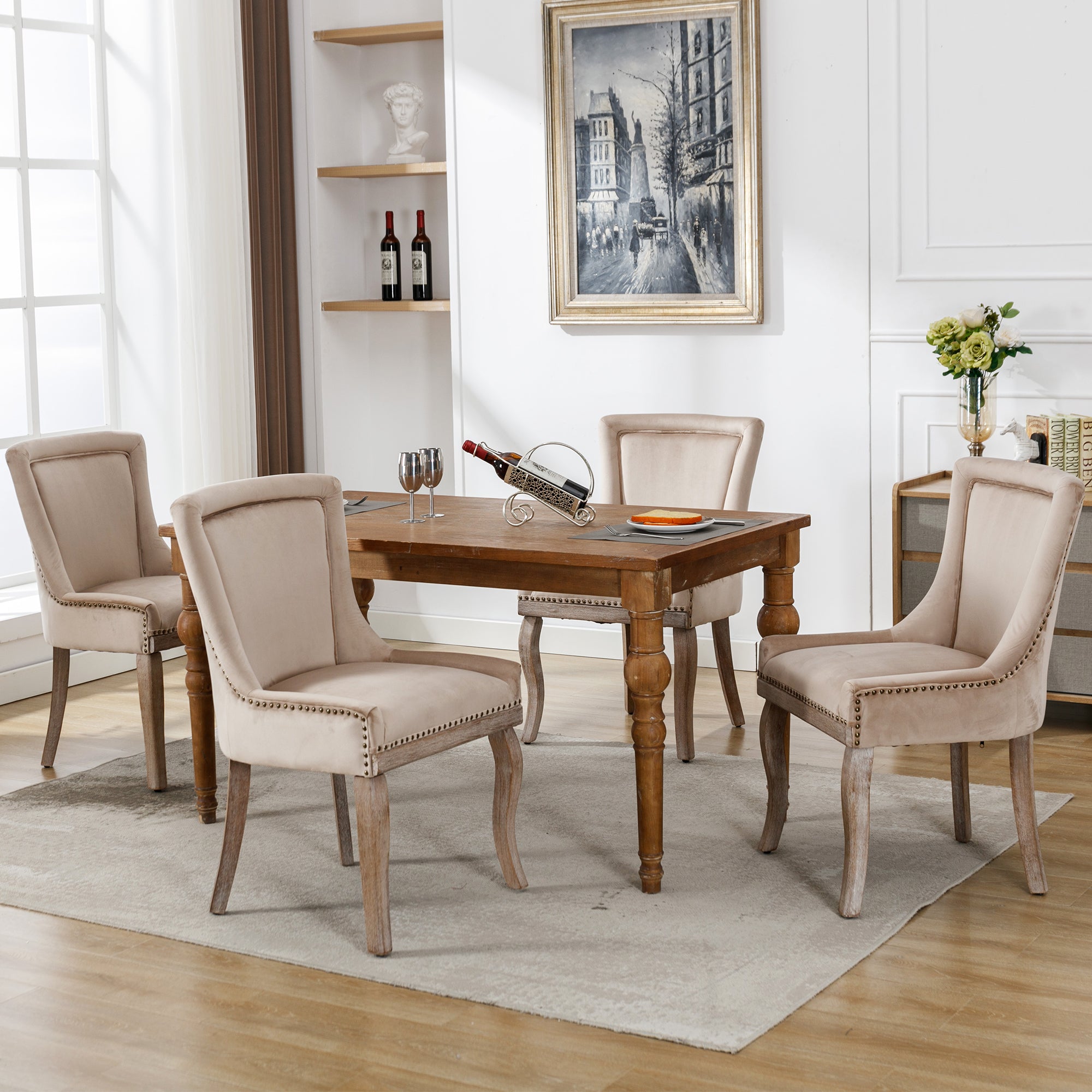 Luxurious Dining Chair Set of 4, Upholstered Nailhead Trim Solid Wood Legs, Beige Velvet