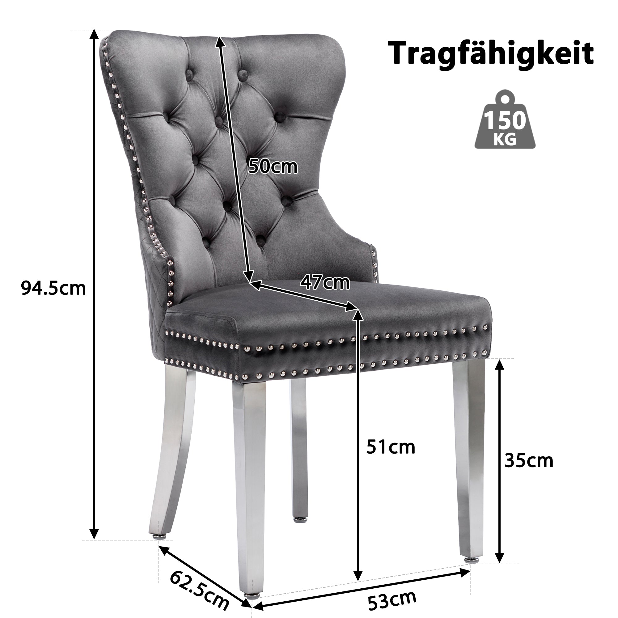 Dining Chairs Set of 6 Upholstered Door Knocker Nailhead Trim Grey Velvet