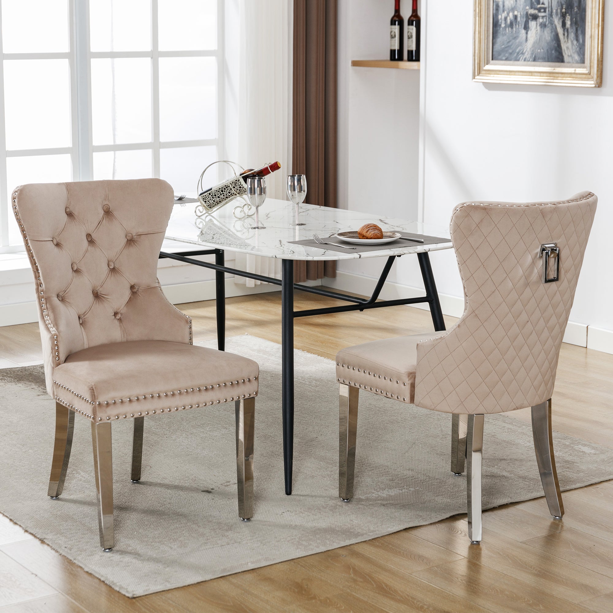 Dining Chair Set 2 Upholstered Door Knocker Back Beige Velvet