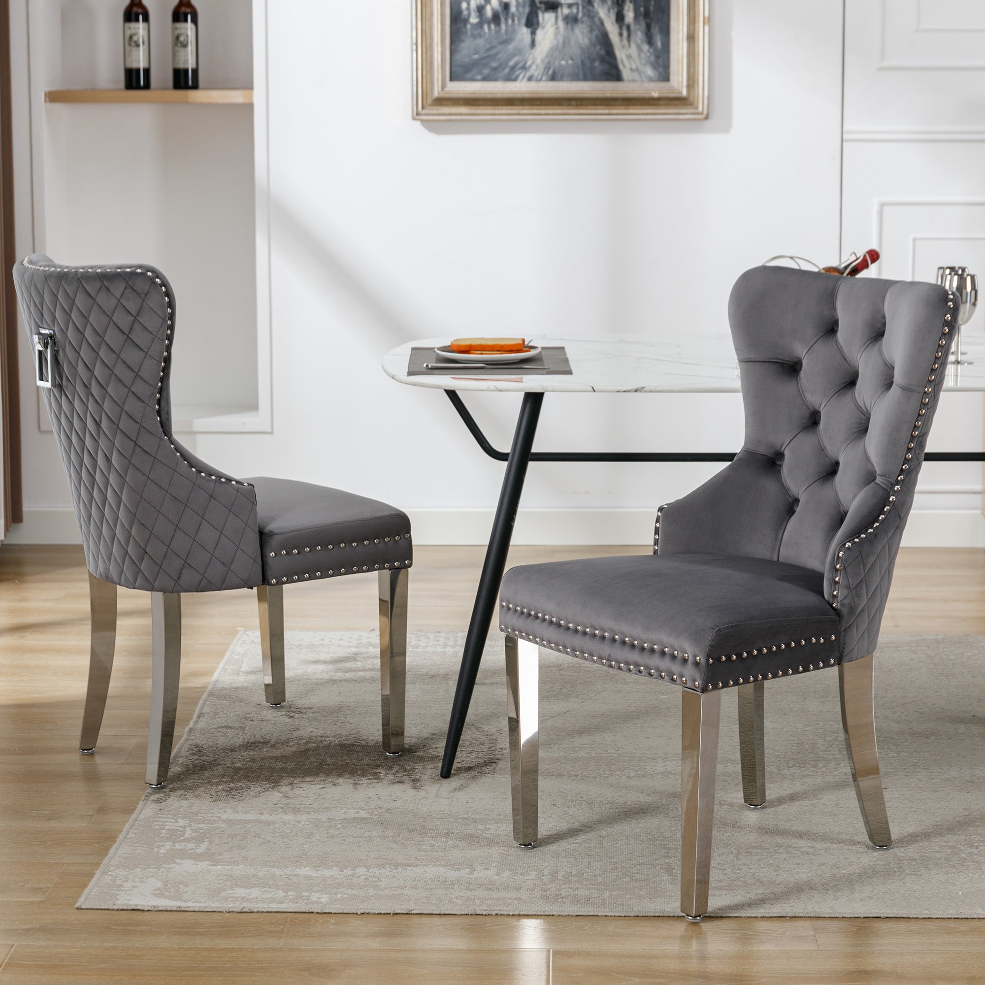Dining Chair Set of 2 Upholstered Velvet Door Knocker Grey