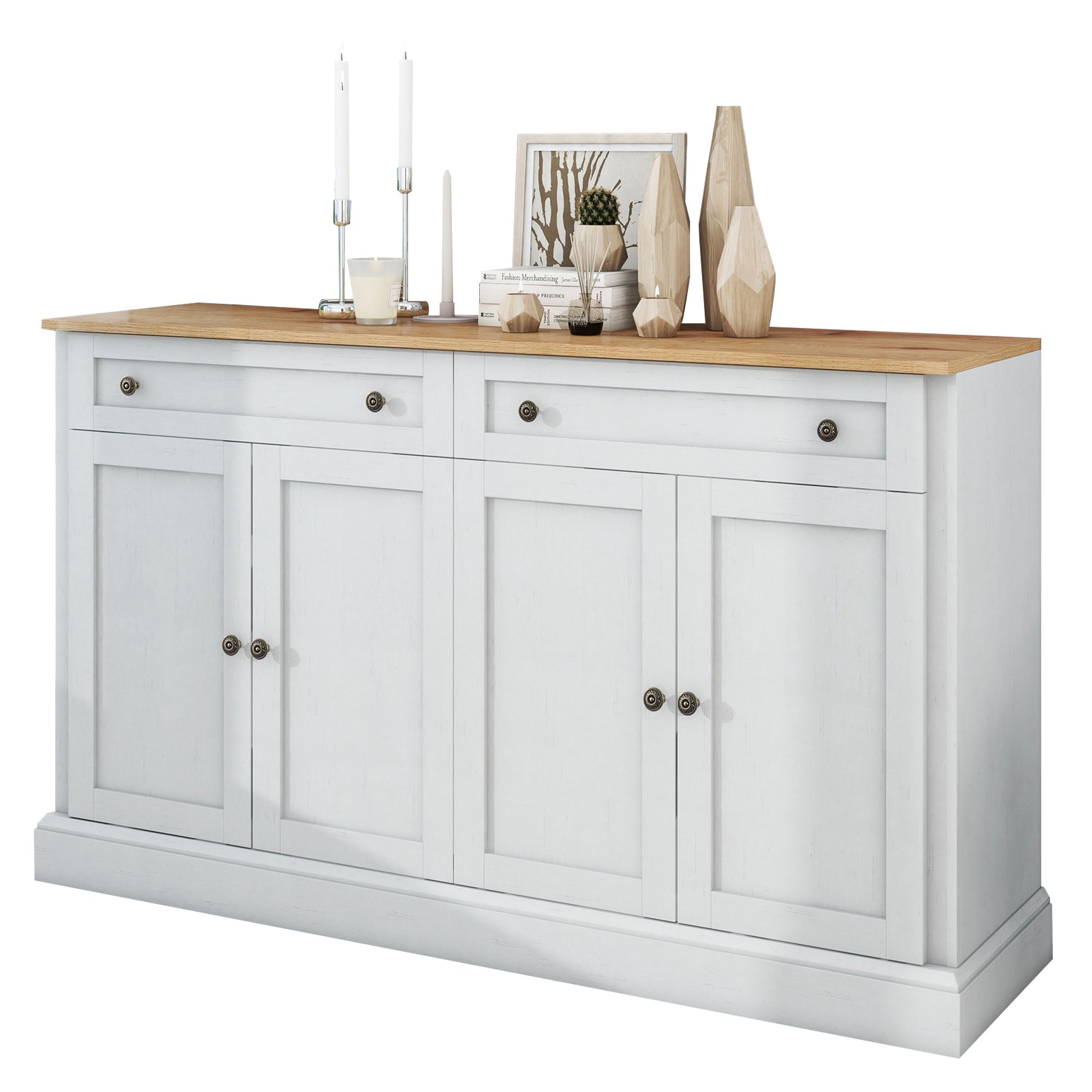 Sideboard, 4 Doors 2 Drawers, Modern Buffet, Antique White + Natural Wood