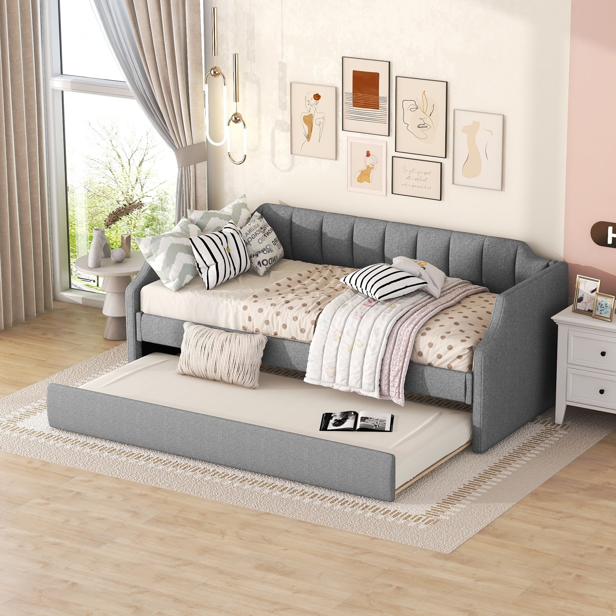 Daybed Upholstered Single Rollaway Bed 90x200cm - Grey