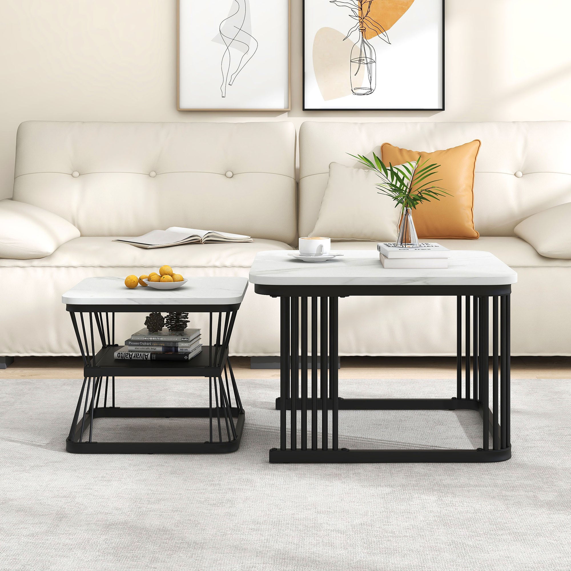 Nest of 2 Square Coffee Tables, Nesting End Side Tables, Black Metal Frame, Marble Pattern White Top