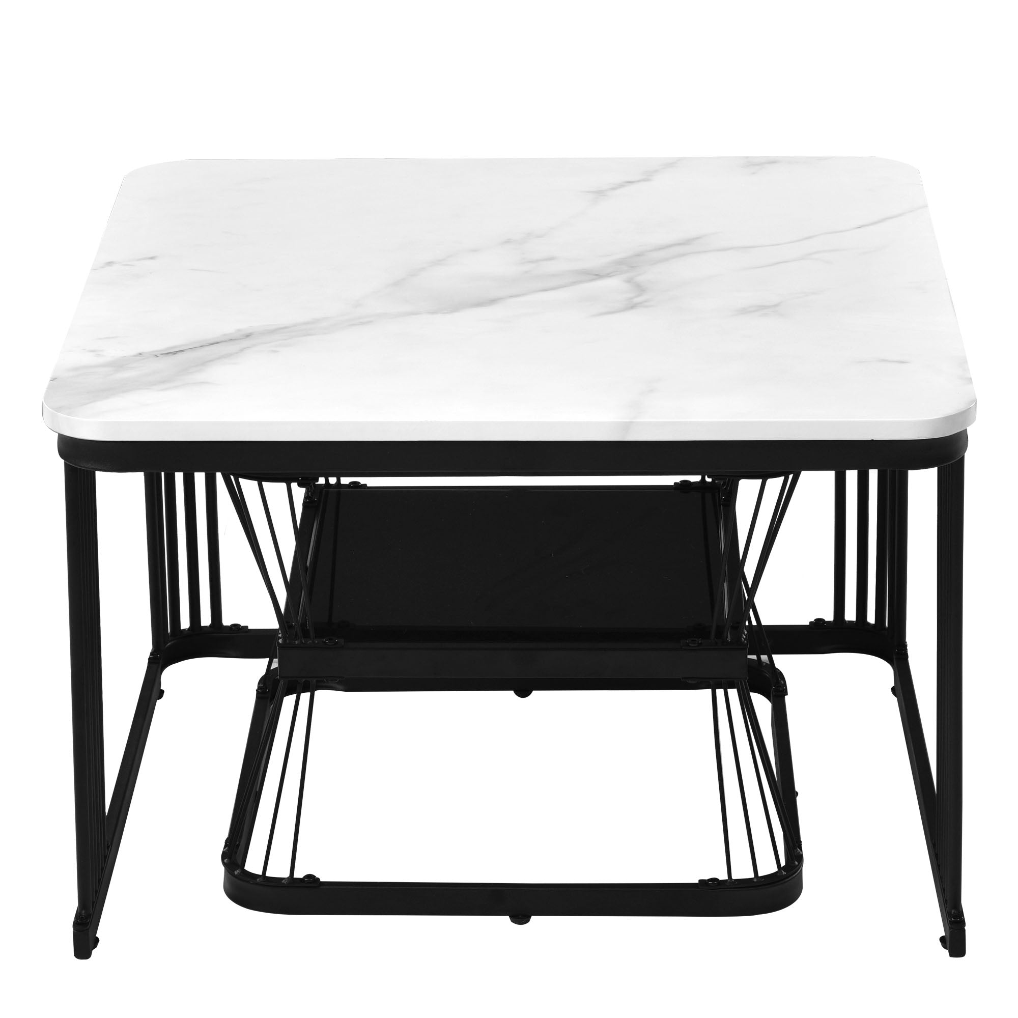 Nest of 2 Square Coffee Tables, Nesting End Side Tables, Black Metal Frame, Marble Pattern White Top