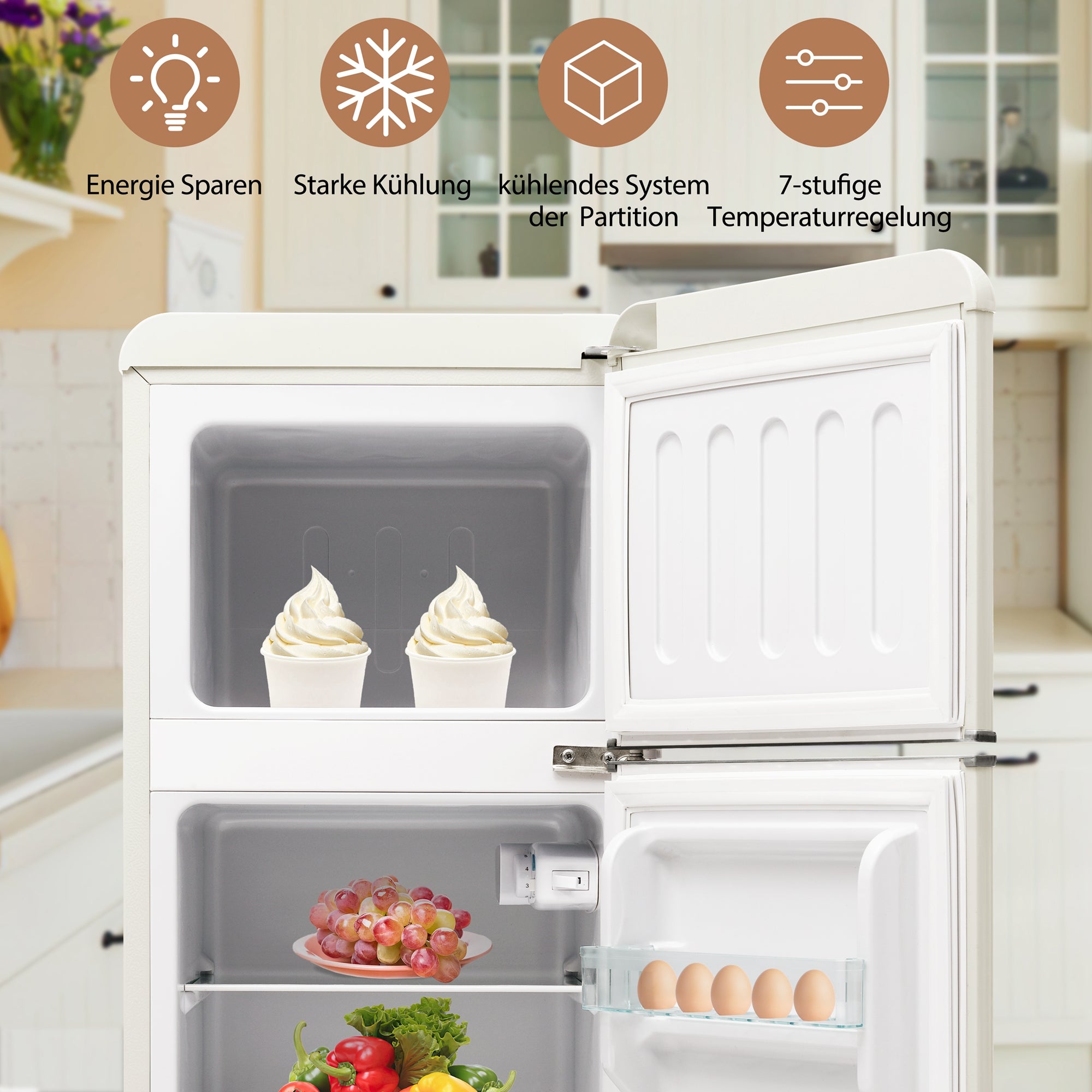 Retro Refrigerator Fridge-Freezer 92L Capacity 2-Door, LED Light